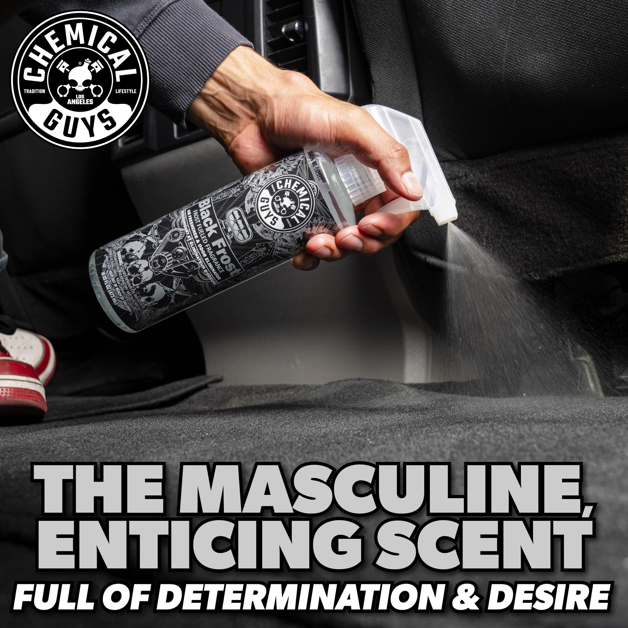 Chemical Guys Air Black Frost Premium Car Air Freshener Spray & Odor Eliminator - Crisp Masculine Scent Spray for Trucks, SUVs, RVs, and Motorcycles - Use in Home, Office, or Garage, 16 oz Bottle