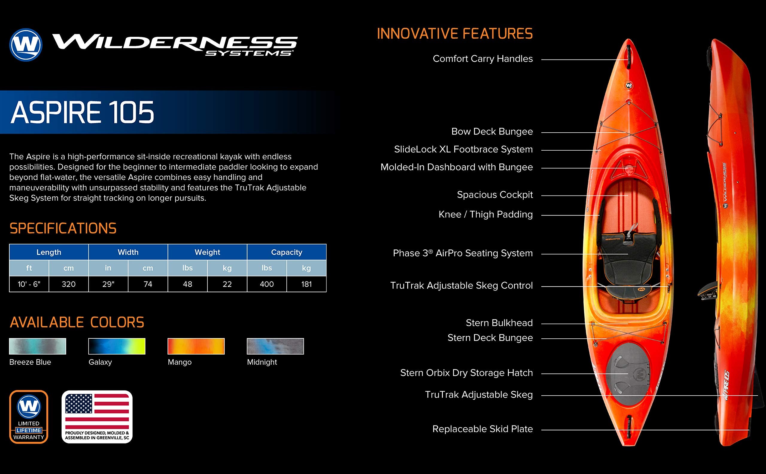 Aspire Wilderness Systems 105 | Sit Inside Recreational Kayak | Adjustable Skeg - Phase 3 Air Pro Seating | 10' 6" | Mango