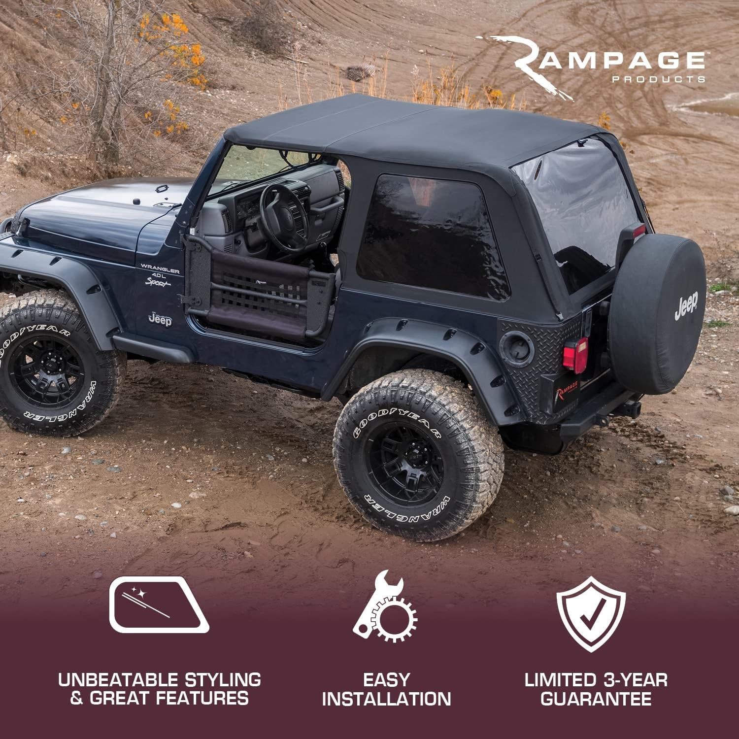 Rampage Frameless Trail Top RAMPAGE PRODUCTS | Vinyl, Spice Denim Color with Tinted Windows | 109517 | Fits 1997 - 2006 Jeep Wrangler TJ