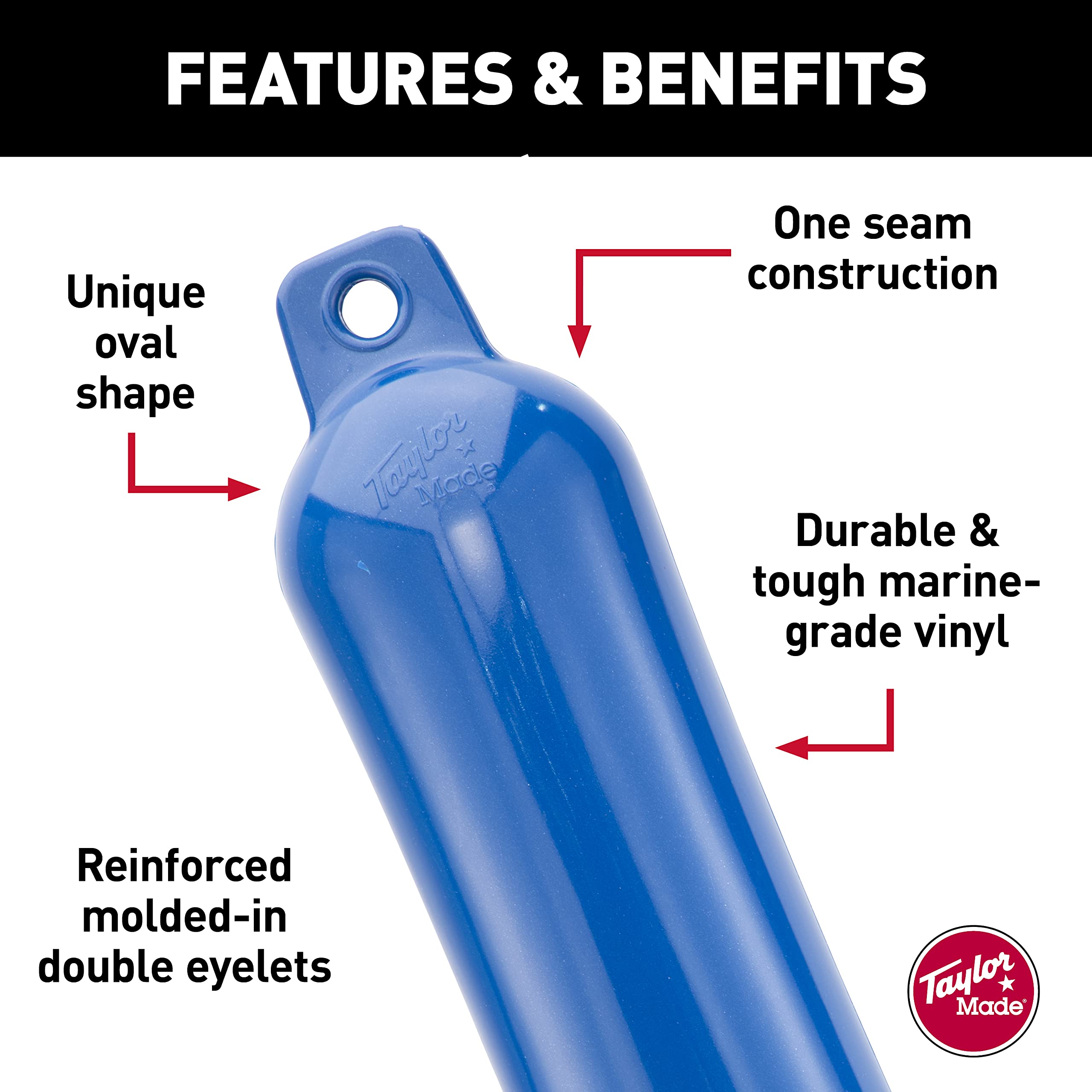 Taylor Made Inflatable Boat Fender Hull-Gard, Mid Atlantic Blue (5.5" x 20"), Unique Oval Shape, Molded Football Needle Inflation Valve, Seamless Construction, Double Eyelets - 41022