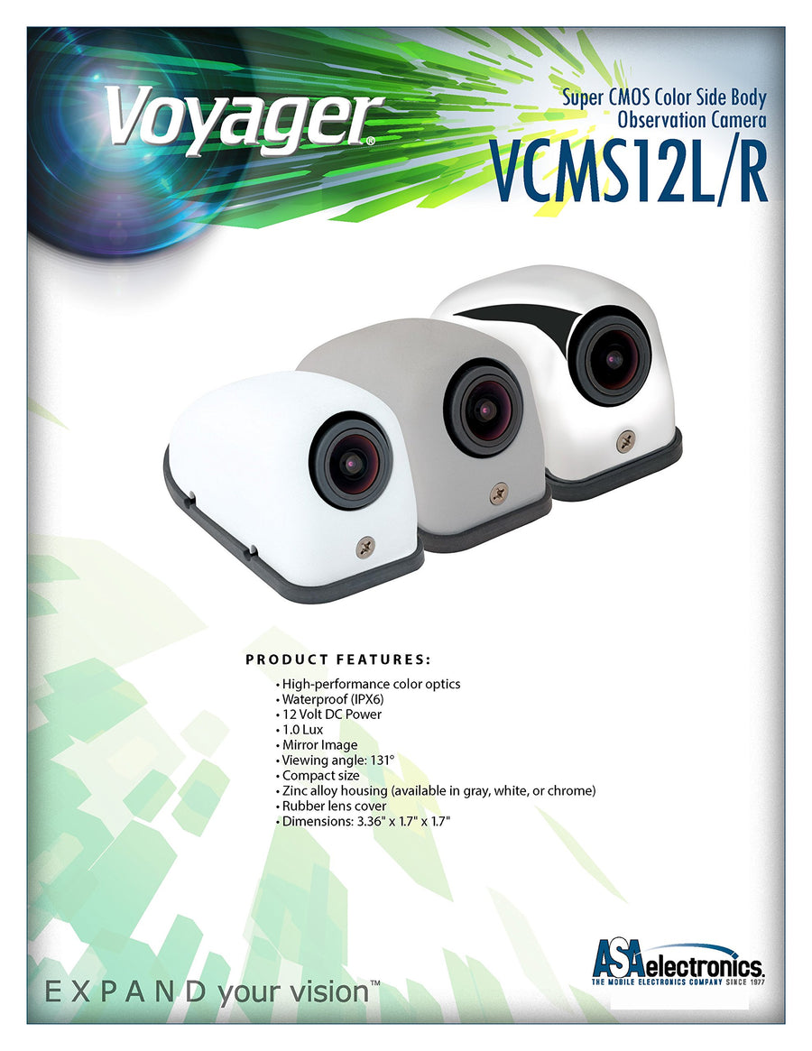 VCMS12LGPR Voyager Model VCMS12 Super CMOS Color Side Body Camera for Vehicles Left Side with Rubber Lens Cover, Waterproof (IPX6), Zinc Alloy Housing in Gray Color, Replaces VCMS36 and VCCSID