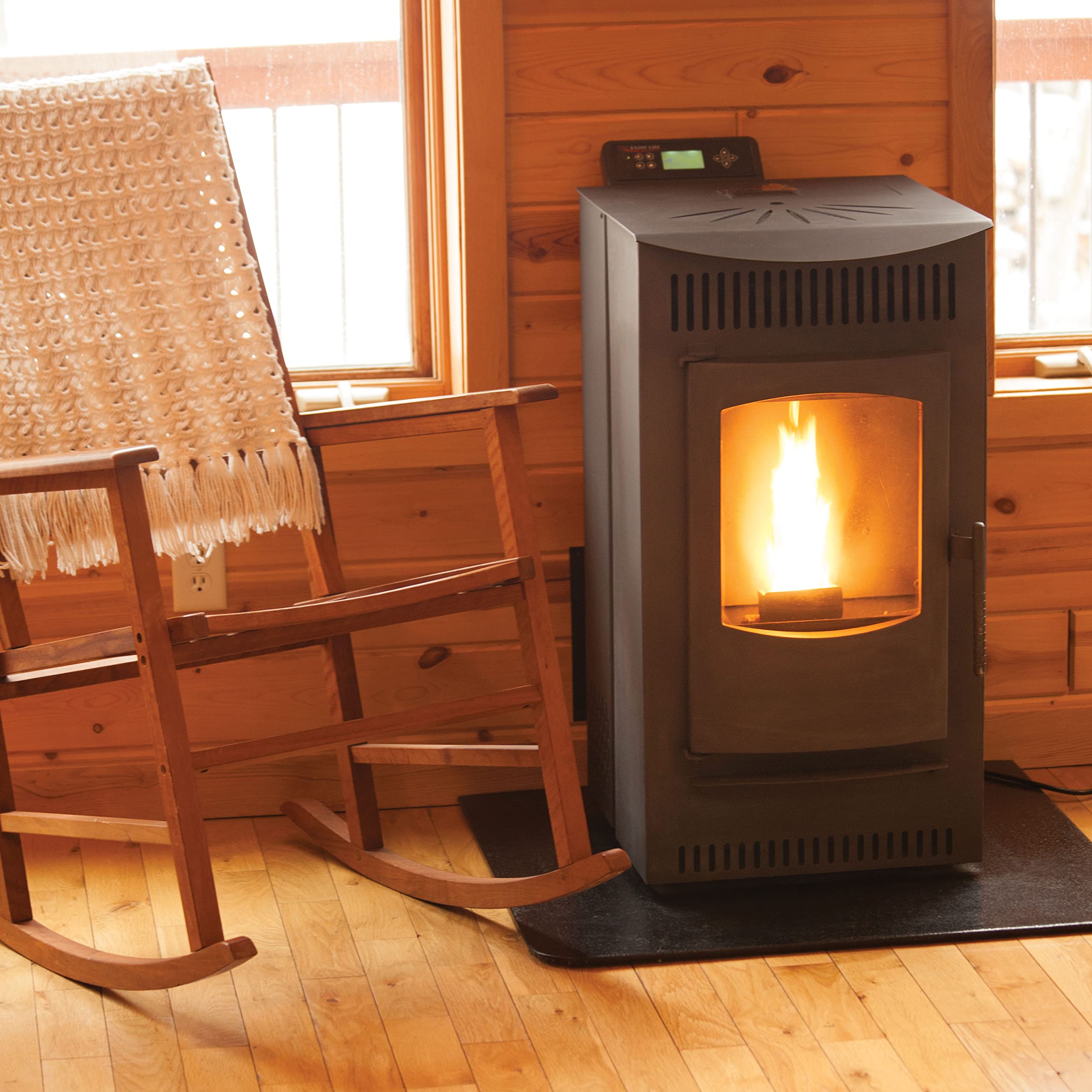 Castle Serenity Pellet Stove 41278, 1,500 square ft. Heating Capability, Smart Controller Features Manual, Weekly, Thermostat and Eco Operating Modes, 40lb Hopper Capacity, Easy Clean Design, Black