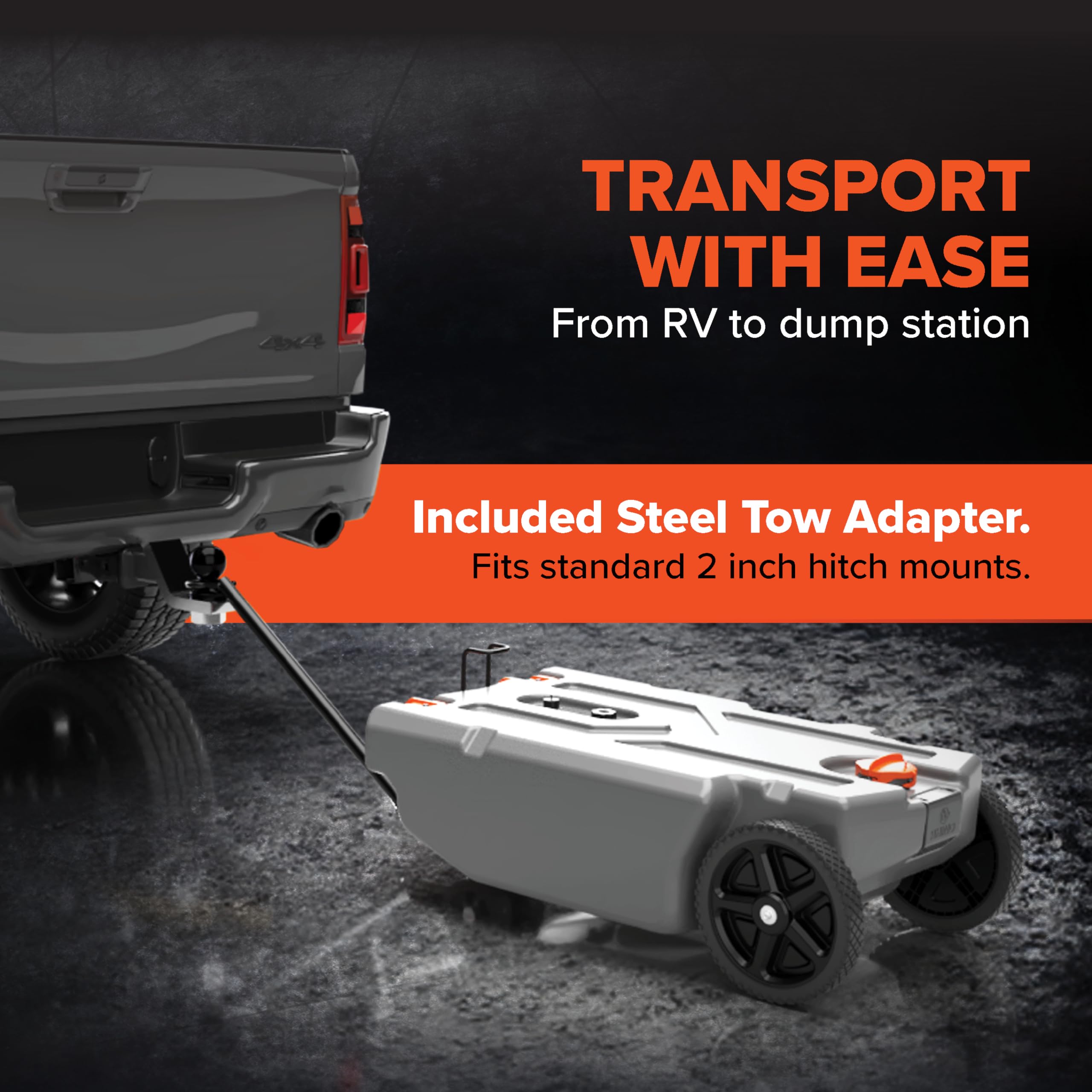 Camco 36-Gallon Rhino Portable RV Tote Tank - Features 2 Steerable No-Flat Front Wheels & Built-in Gate Valve - Includes Removable 24" Tow Bar, 3’ Sewer Hose & More RV Accessories (39007)