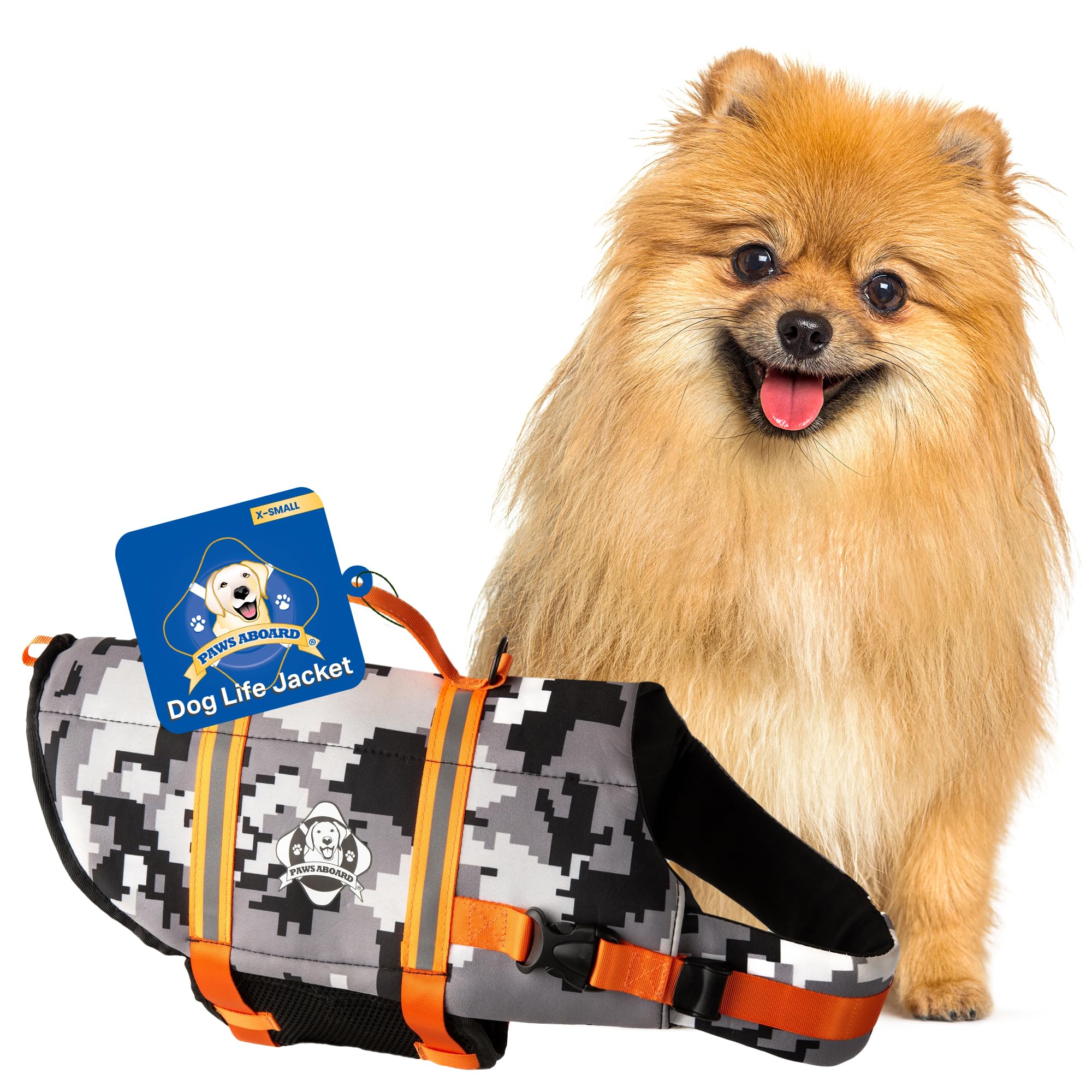 Dog Life Jacket Paws Aboard - Swimming Vest for Dogs, Adjustable, Reflective, Comfortable, Multiple Colors, Patterns, XX-Small to Extra Large Dog Swim Vest with Handle (Grey Camo/Orange, X-Small)