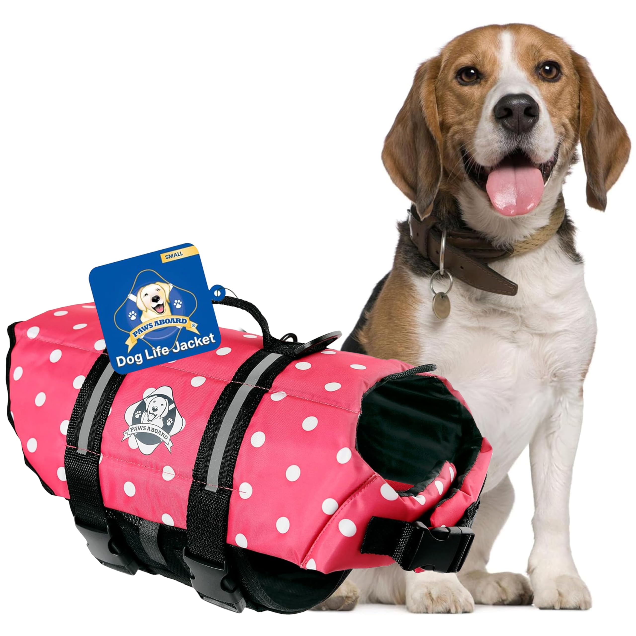 Dog Life Jacket Paws Aboard - Swimming Vest for Dogs, Adjustable, Reflective, Comfortable, Multiple Colors, Patterns, XX-Small to Extra Large Dog Swim Vest with Handle (Pink Polka Dot, Small)