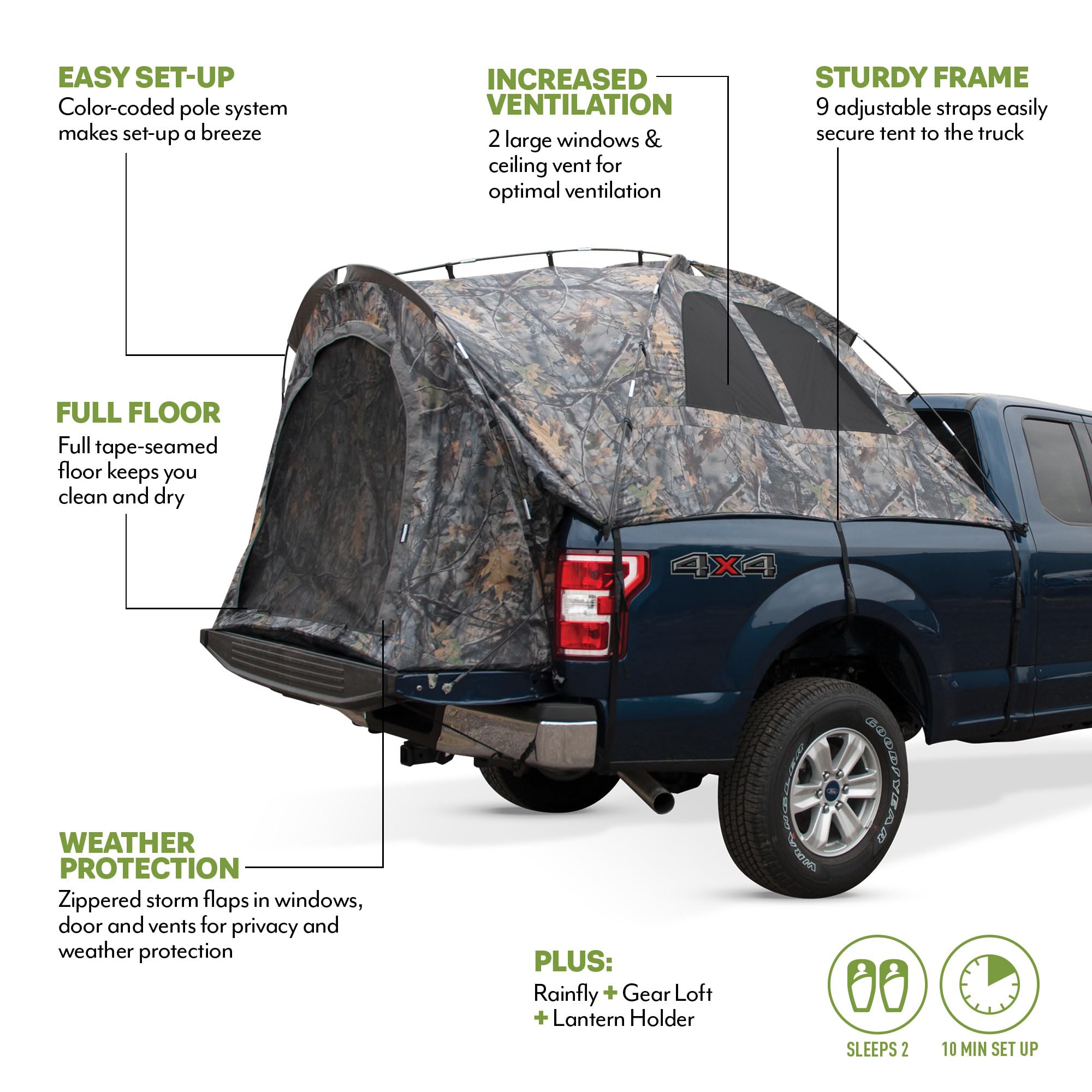 Backroadz Napier Camo Truck Tent | Pickup Truck Bed Camping Tent | Sleeps 2 | Full Rainfly | Sturdy & Spacious | Easy 10-Minute Setup | Camouflage
