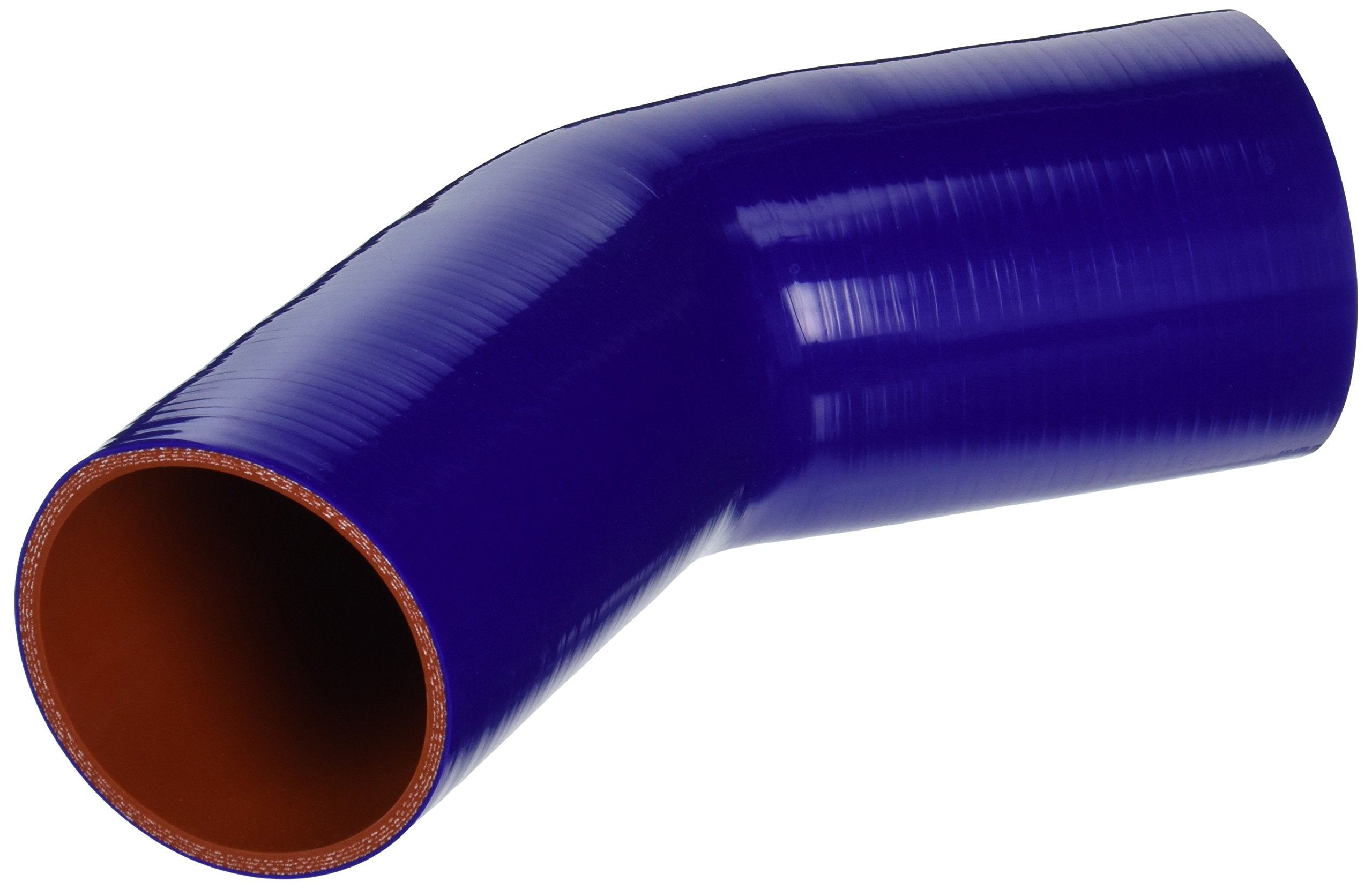 HPS HTSER45-325-350-BLUE 4-ply Reinforced Silicone High Temperature 45 degree Elbow Reducer Coupler Hose, 30 PSI Maximum Pressure, 4" Leg Length on each side, 3-1/4" > 3-1/2" ID, Blue