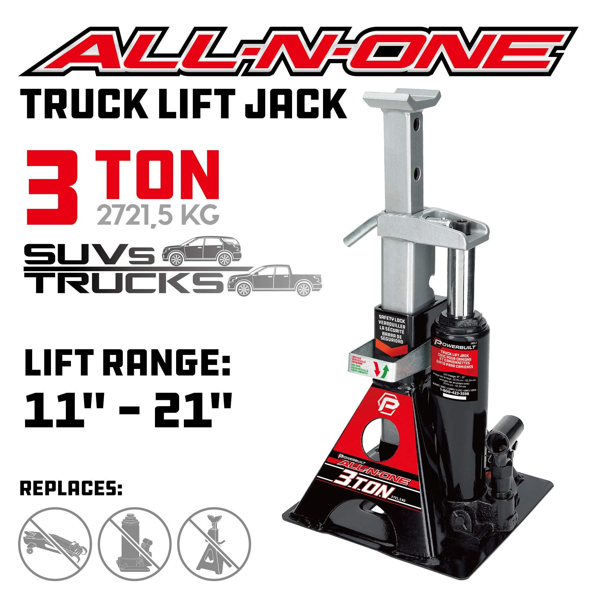 Powerbuilt 3 Ton Hydraulic All-in-One Bottle Jack and Jackstand Unit, Compact, Wide Base, 11-21 Inch Range, Eliminates Jackstands, for Unibody, Trucks, SUVs, RVs, Cars, Trailers, ASME - 640912