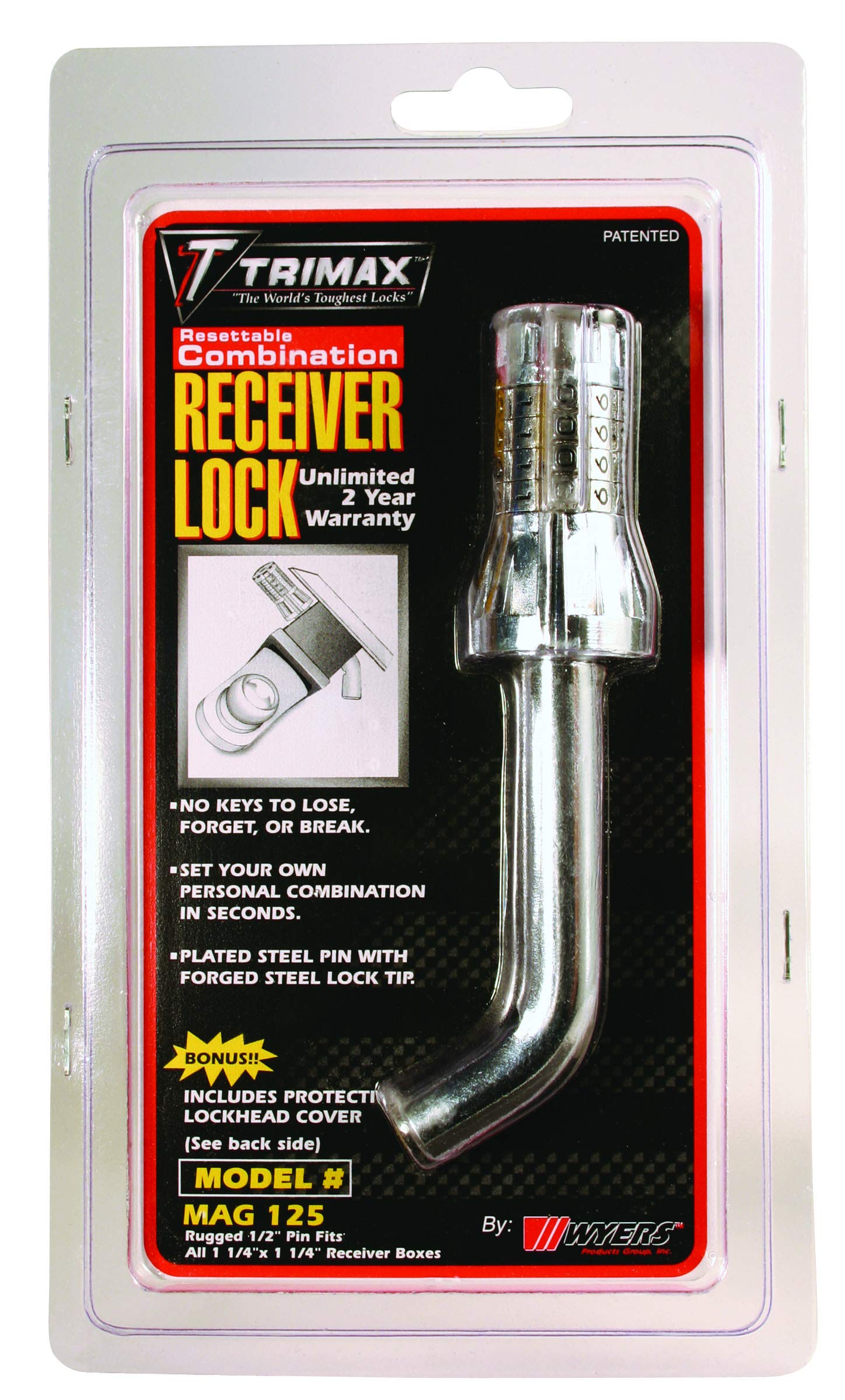 Trimax 1/2" Dia. Standard Resettable Combination Bent Pin Receiver Lock MAG125, Clam Packaging, Chrome