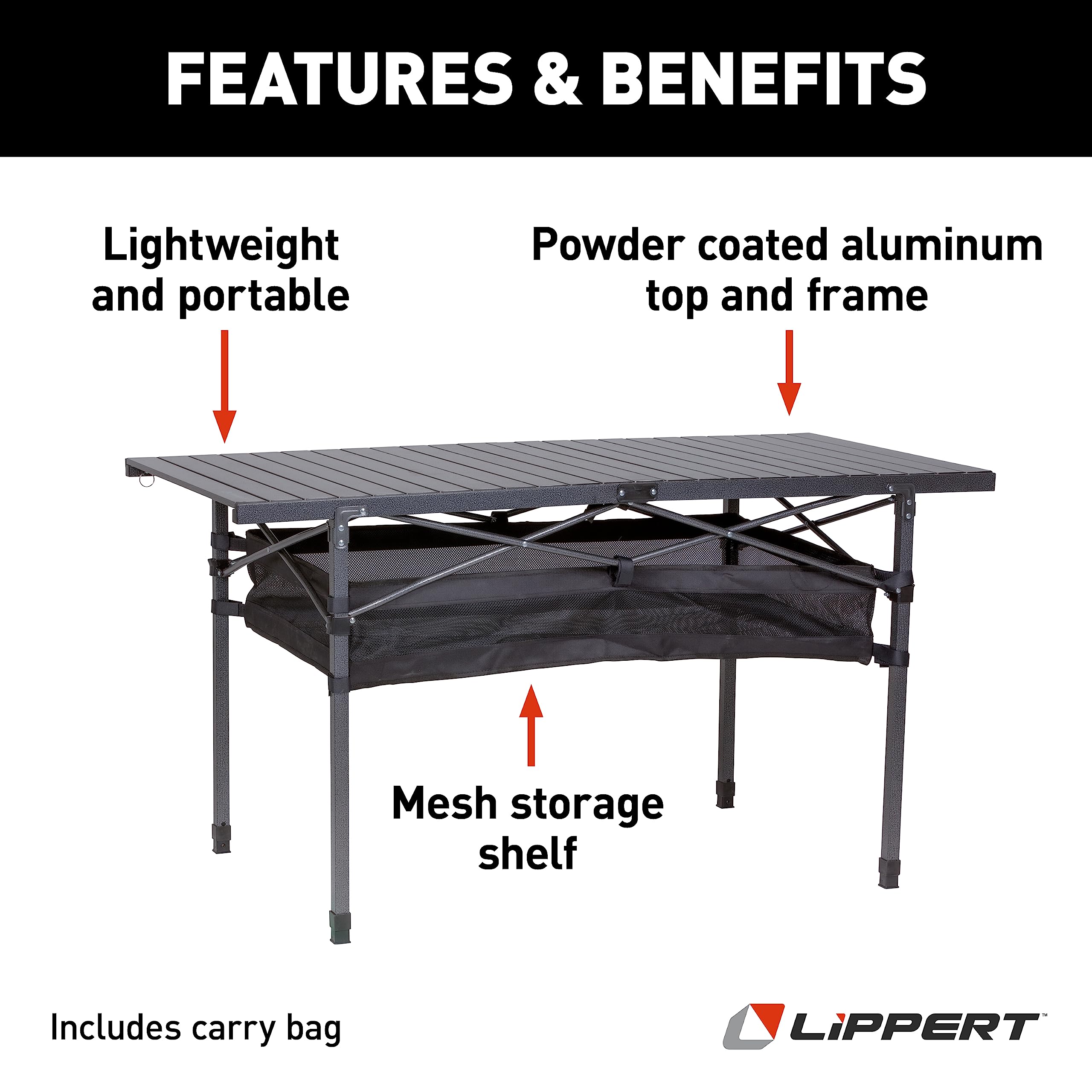 Camping Dining Table Lippert, Slatted Aluminum Tabletop, Foldable Design, Heavy-Duty Steel Legs, Powder-Coated Protection, Mesh Storage Shelf, 80-lb. Capacity, Carrying Bag - 2022122524