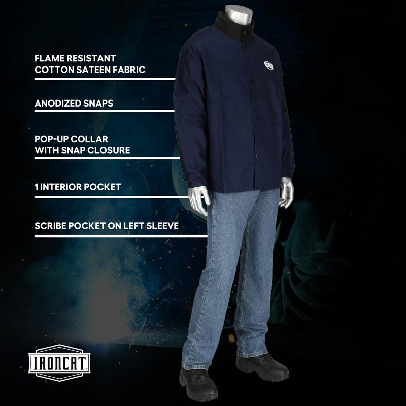 FR Treated Ironcat Cotton Sateen Jacket, 9 oz., Anodized Snaps, Interior Pocket, Pop-up Welders Collar, Scribe Pocket, Navy, 5X-Large (7050N/5XL)