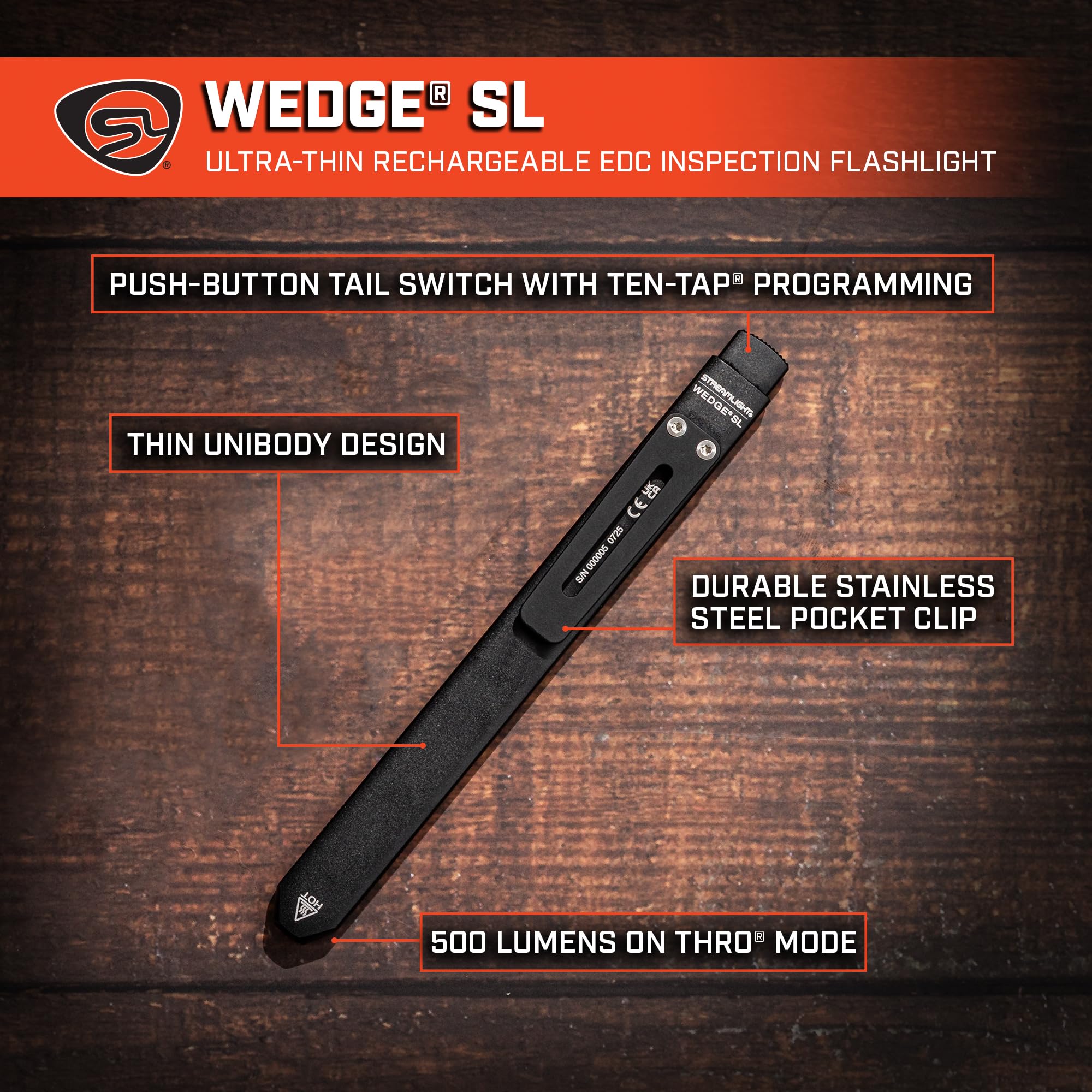 Streamlight Wedge SL 500-Lumen Max 100-Lumen Standard 1,600-Candela Ultra-Thin Rechargeable EDC Inspection LED Flashlight, Black
