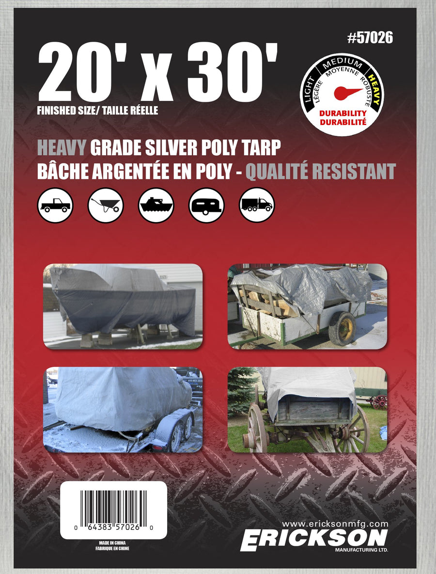 Heavy Grade Erickson 57026 Silver Poly Tarp, 20' x 30', 1 Pack