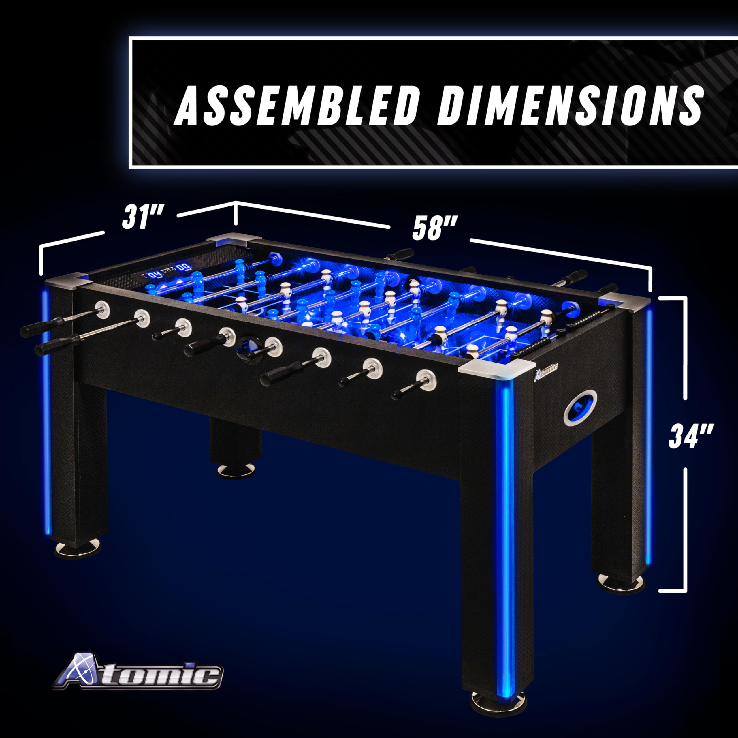 Azure Atomic LED Foosball Table – Light Up Arcade-Style Game with Interactive Inrail LED Lighting, Cascading Effects, Music, Electronic Scoring, 47” x 27” Durable Playfield