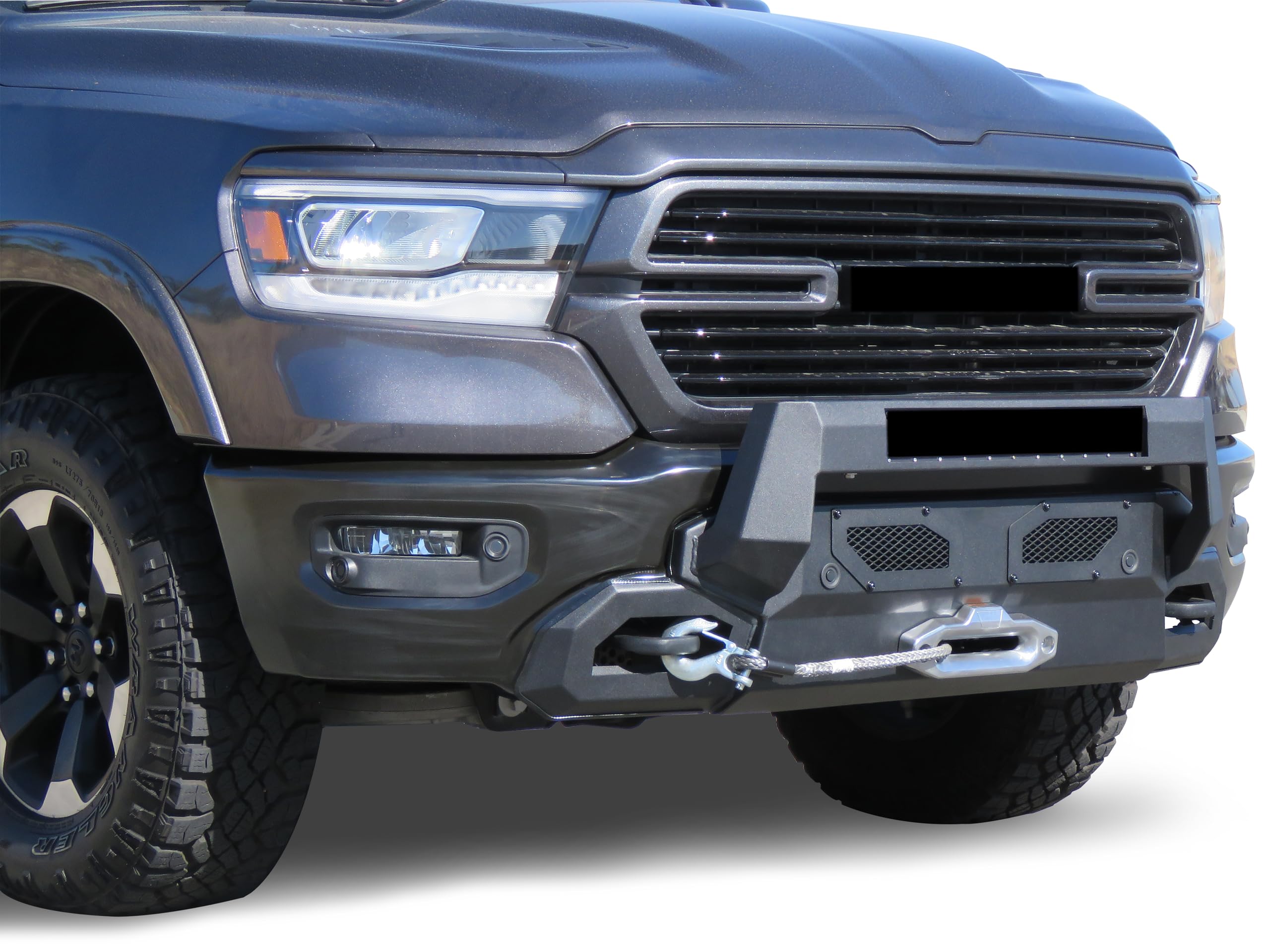 Heavy Duty Black Horse Armour III Front Winch Bumper with Winch Textured Black Compatible with 2019-2024 Ram 1500-AR3HD30NL-W12