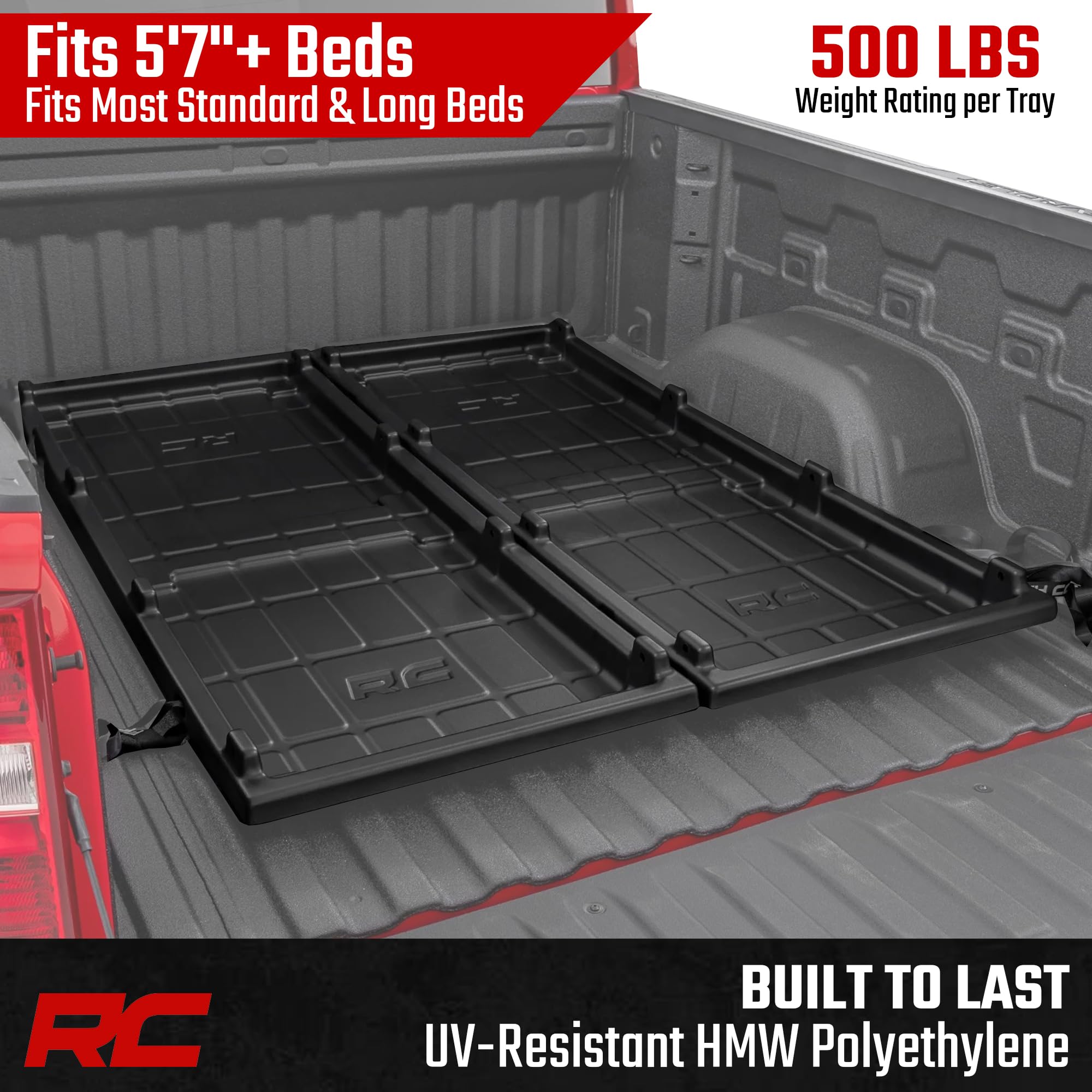 Rough Country Truck Bed Cargo Slide-Out Tray - Long Bed Organizer for 5'7"+ Beds, Heavy-Duty Polyethylene, UV-Protected, Easy Tailgate Access