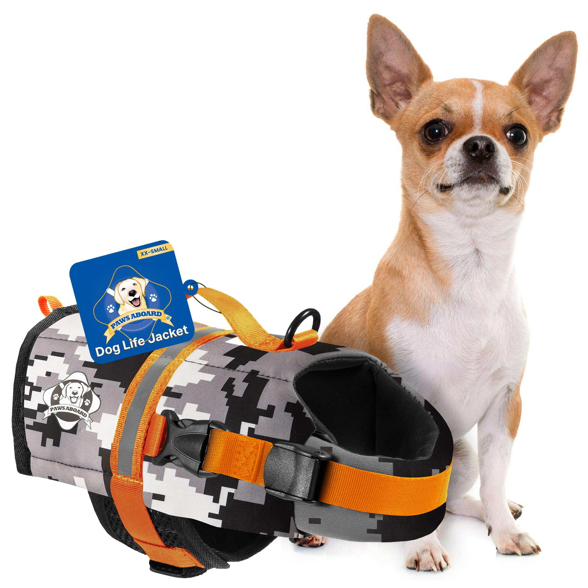 Dog Life Jacket Paws Aboard - Swimming Vest for Dogs, Adjustable, Reflective, Comfortable, Multiple Colors, Patterns, XX-Small to Extra Large Dog Swim Vest with Handle (Grey Camo/Orange, XX-Small)