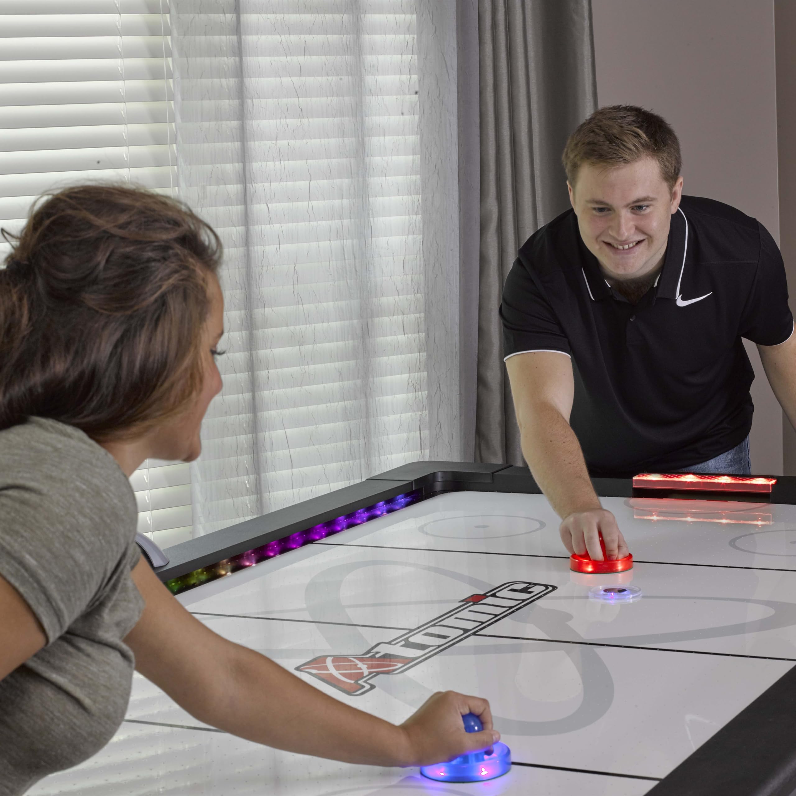 Top Shelf Atomic 7.5’ Air Hockey Table with 120V Motor for Maximum Air Flow, High-Speed PVC Playing Surface for Arcade-Style Play and Multicolor LED Lumen-X Technology to Illuminate Play