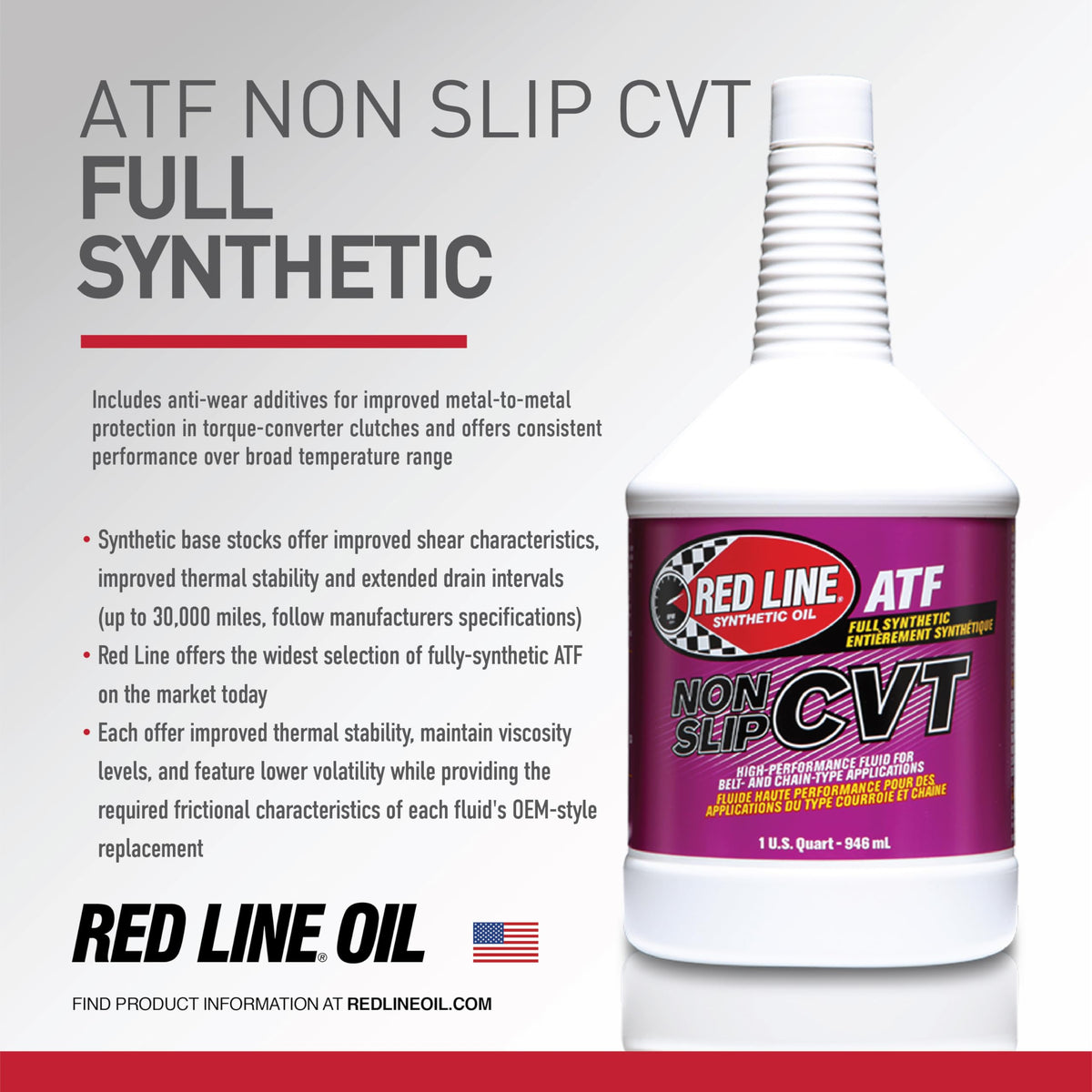 Synthetic Non-Slip Red Line Continuously Variable Transmission Fluid (CVT) - 1 Quart 30804