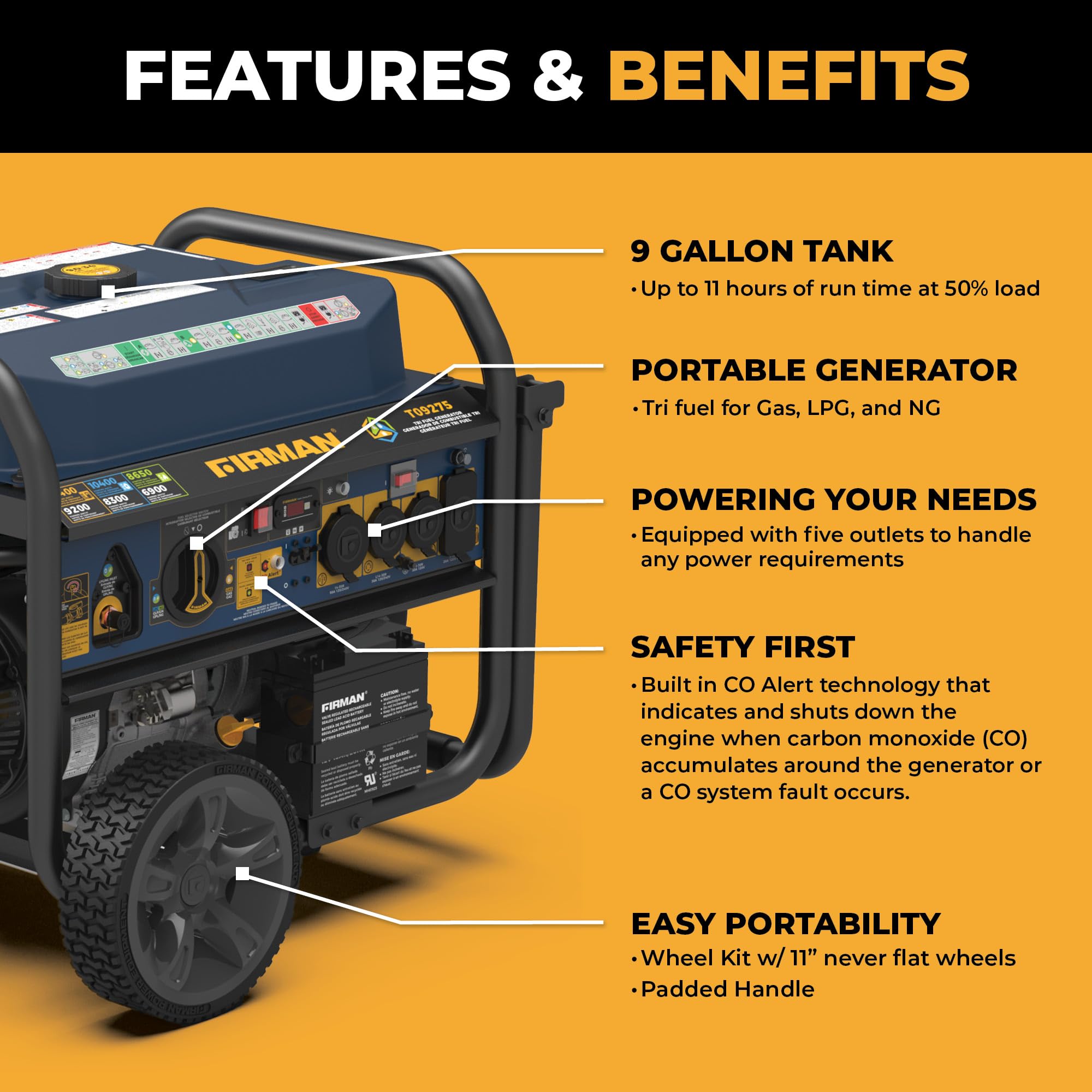 FIRMAN Tri Fuel T09275 Portable Generator, 11400W Electric Start, 120V/240V, CO Alert, 459cc Engine, 9-Gallon Tank, 11 Hrs Runtime, Wheel Kit, Ideal for Home Backup, RV, Camping & Emergency Power