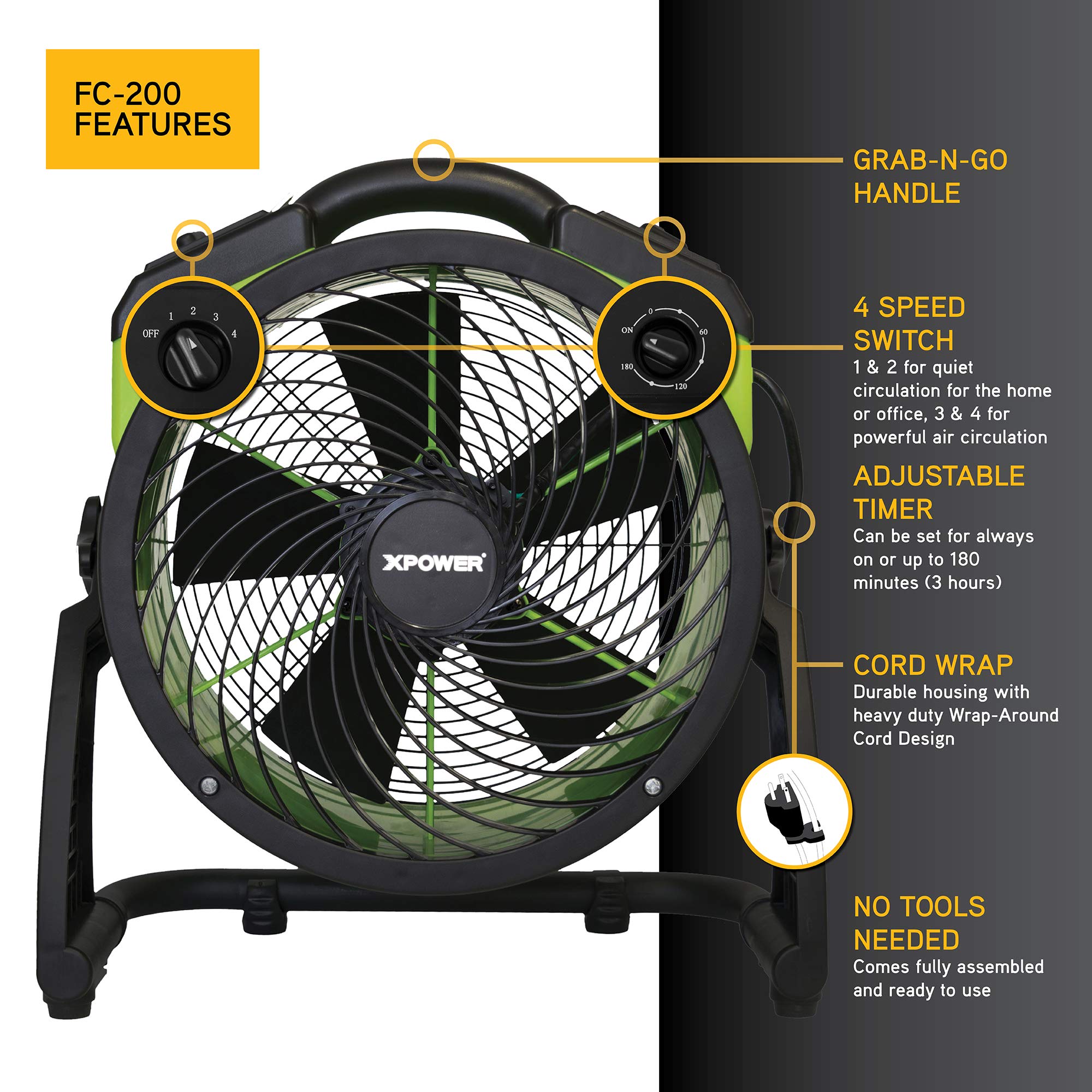 Heavy Duty XPOWER FC-200 High Velocity Whole Room Air Mover Air Circulator Utility Floor Fan, 4 Speeds, Timer, 13 inch, 1300 CFM