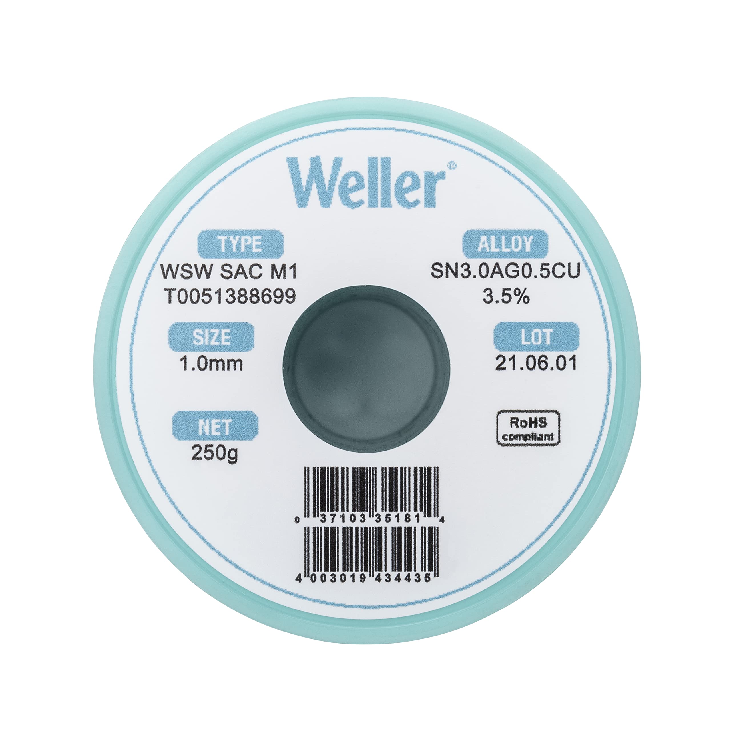 Weller Lead Free Solder Wire WSW SAC M1 (T0051402499), Dia: 1.0 mm / 0.039 in, Wt: 100 g / 3.527 oz, Alloy Sn96.5Ag3.0Cu0.5, Flux content 3.5%