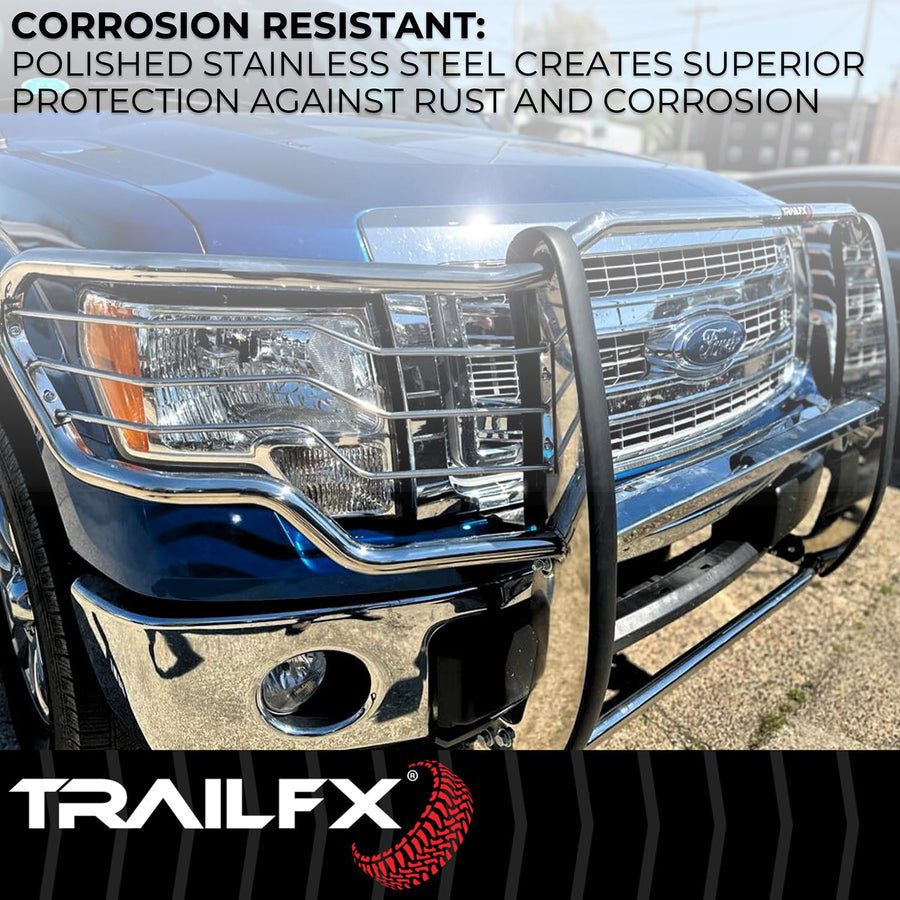 Grille Guard TrailFX E0049S, 1-Piece, Silver Polished, Stainless Steel, 1-1/2 Inch Dia, with Brush Guard, Fits 2022-2025 Toyota Tundra (Models with Parking Brake Support System Must Turn Off System)