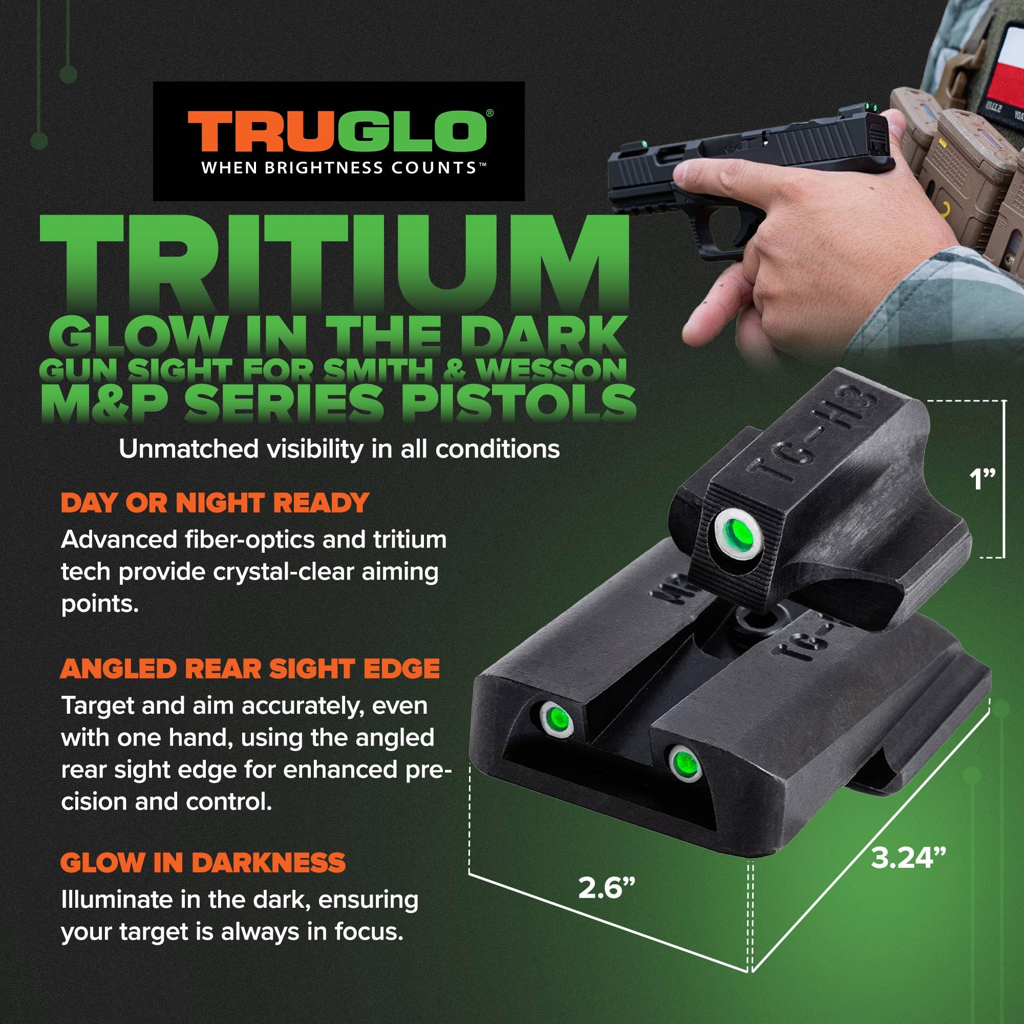 TruGlo Optic Pistol, Glow in the Dark Green/White Dot Sight for Smith & Wesson M&P Series Pistols, Tritium