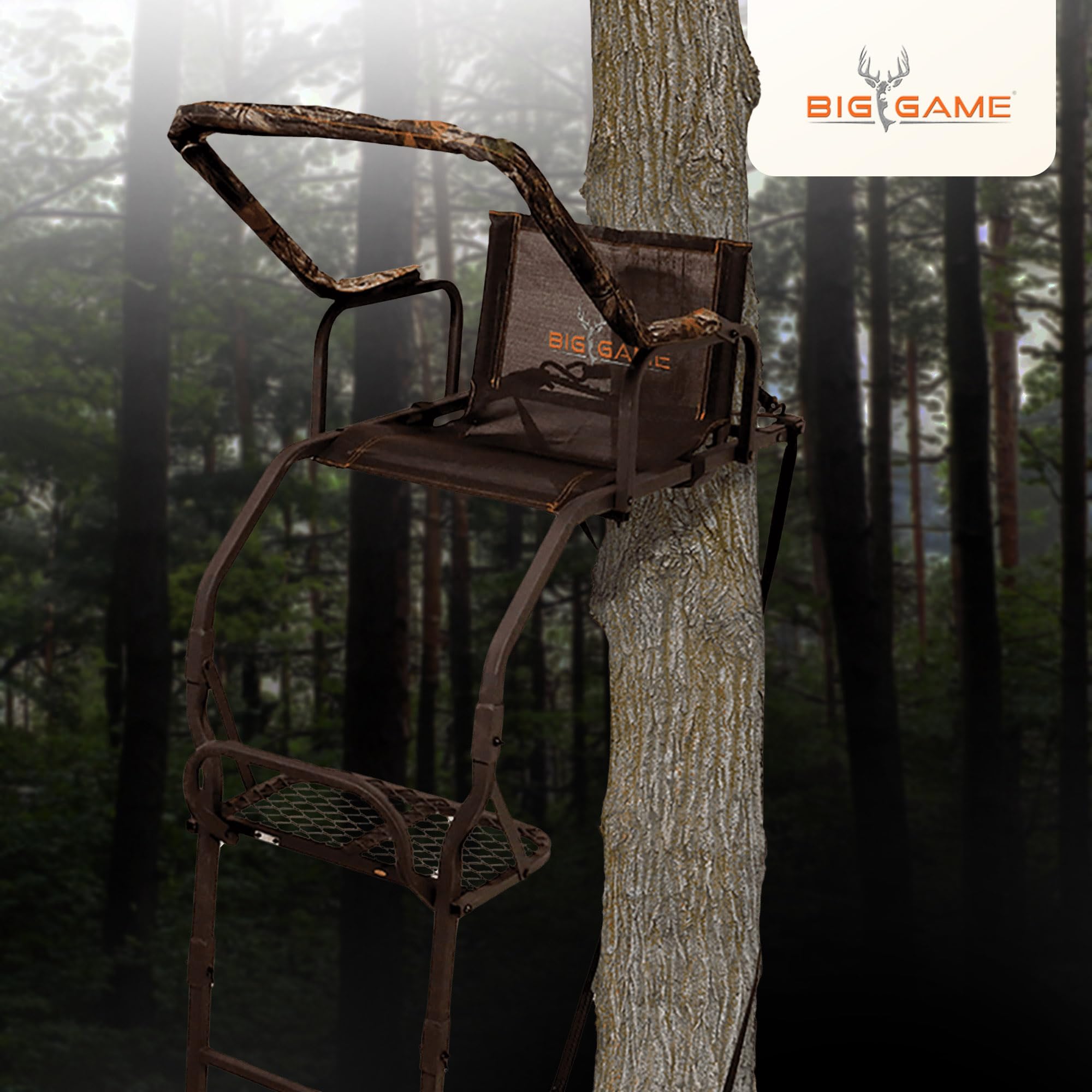 1-Person BIG GAME Ladder Tree Stand for Hunting Deer, Flex-Tek Seat, 17' Tall, Black - Adjustable Climbing Treestand with Platform and Safety Harness for Shooting