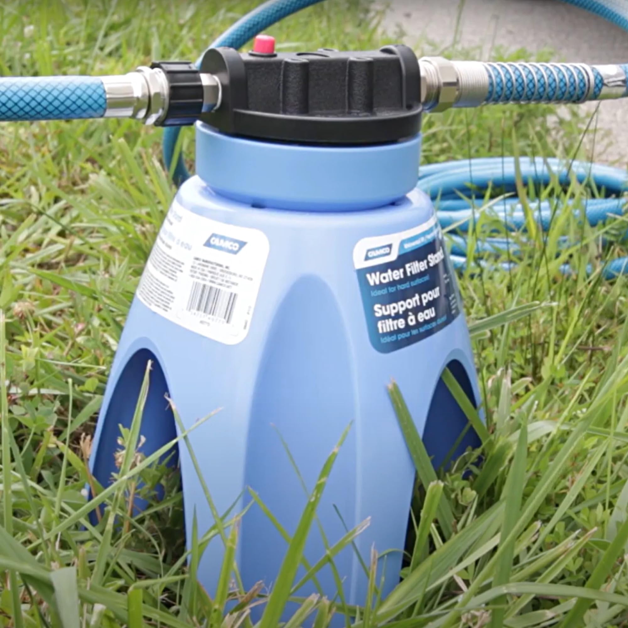 Camco - 21018 Water Filter Stand Universal Fit Plastic - Supports Water Filter in Upright Position to Reduce Hose Kinking and Maximize Water Flow Rate, Fits 4-Inch Filters - 40775, Blue