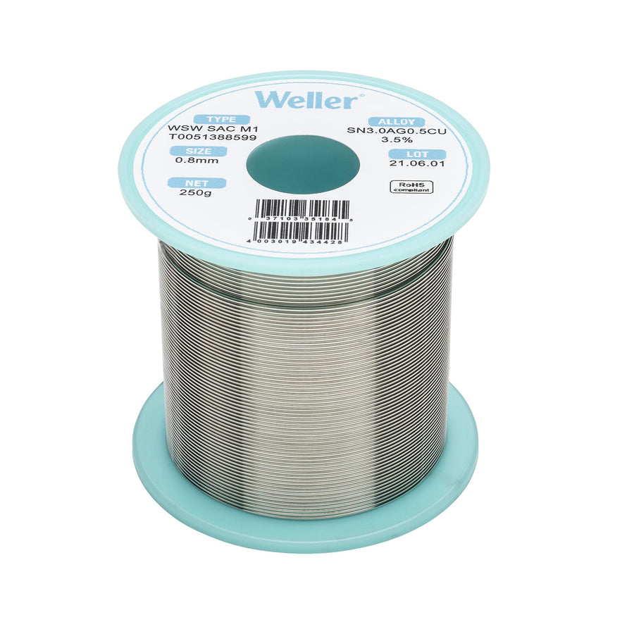 Weller Lead Free Solder Wire WSW SAC M1 (T0051386399), Dia: 0.8 mm / 0.039 in, Wt: 500 g / 17.637 oz, Alloy Sn96.5Ag3.0Cu0.5, Flux content 3.5%