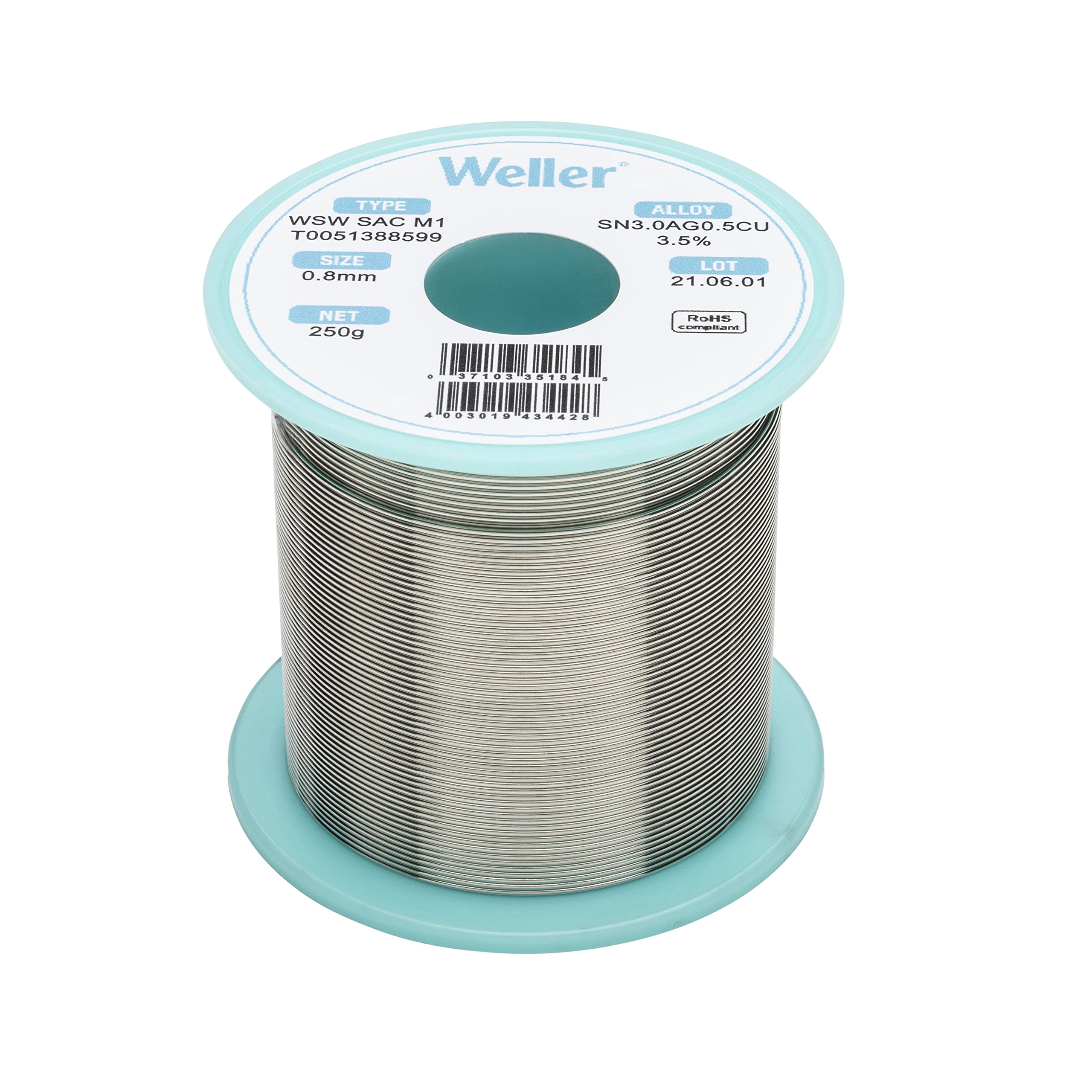 Weller Lead Free Solder Wire WSW SAC M1 (T0051388599), Dia: 0.8 mm / 0.039 in, Wt: 250 g / 8.818 oz, Alloy Sn96.5Ag3.0Cu0.5, Flux content 3.5%
