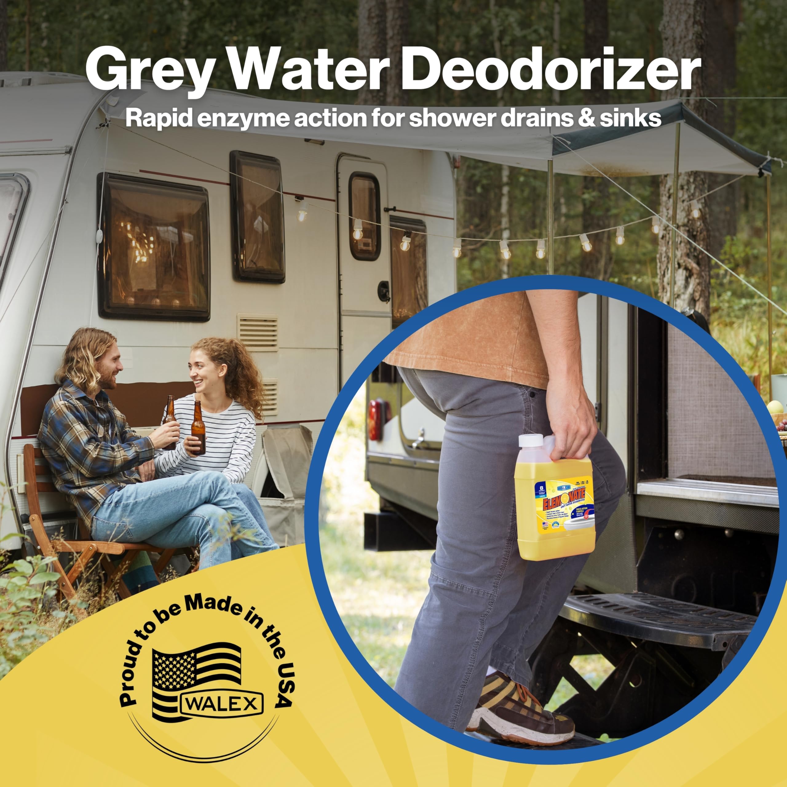 Elemonate Walex Liquid Grey Water Deodorizer for RV, Camper & Marine - Dissolves Grease & Organic Sludge to Prevent Clogs, Freshens Sink & Drain Lines, Septic Tank Safe, Fresh Lemon, 32oz