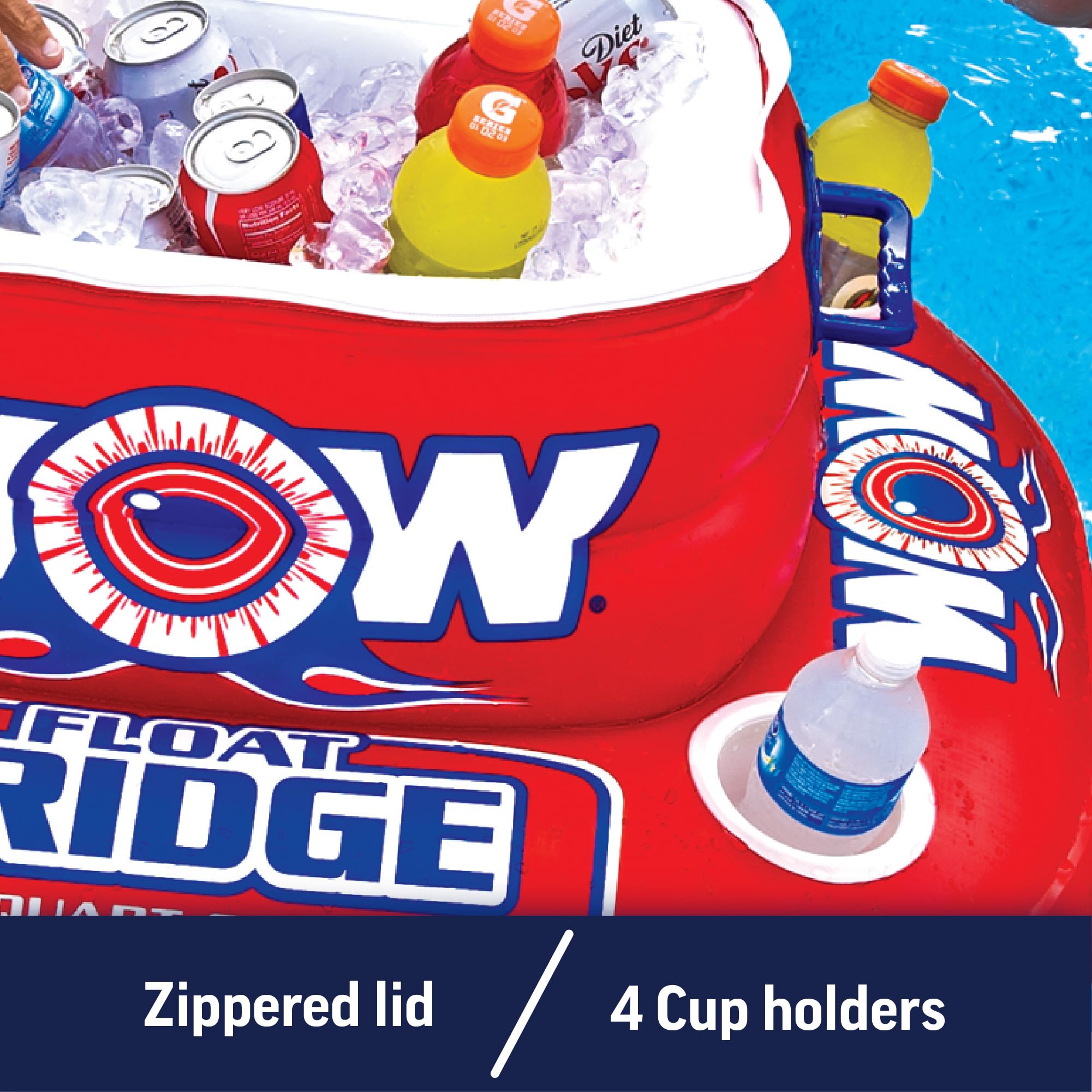 Inflatable Float Fridge - WOW Sports Cooler For Pools, Lakes, & Oceans - 4 Cup Holders & Zippered Lid