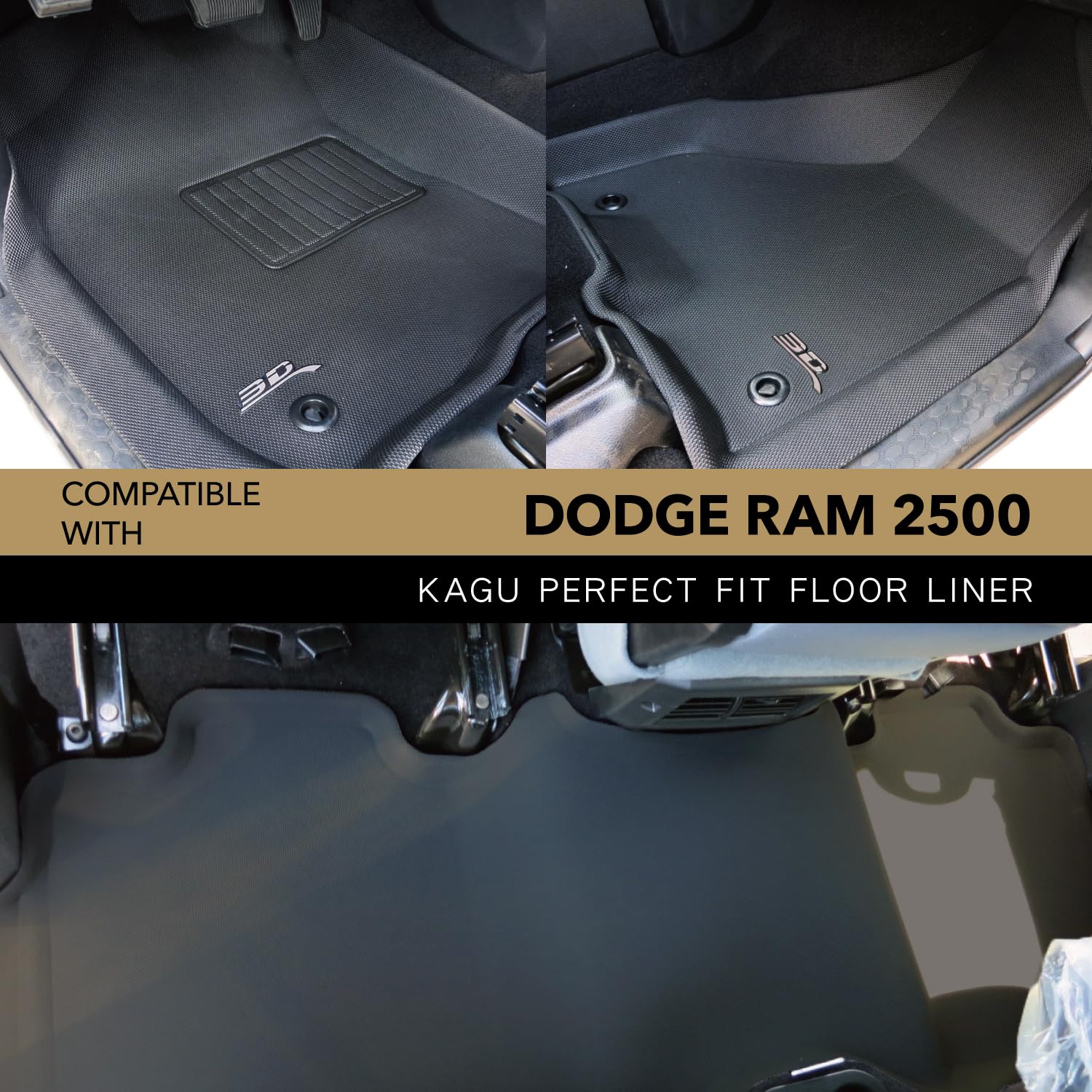 3D MAXpider Floor Mat Kagu (Black) Compatible with Dodge Ram 1500 Crew Cab/2500/3500 Crew/Mega Cab 2012-2018/1500 Classic Crew Cab 2019-2024 -Full Set