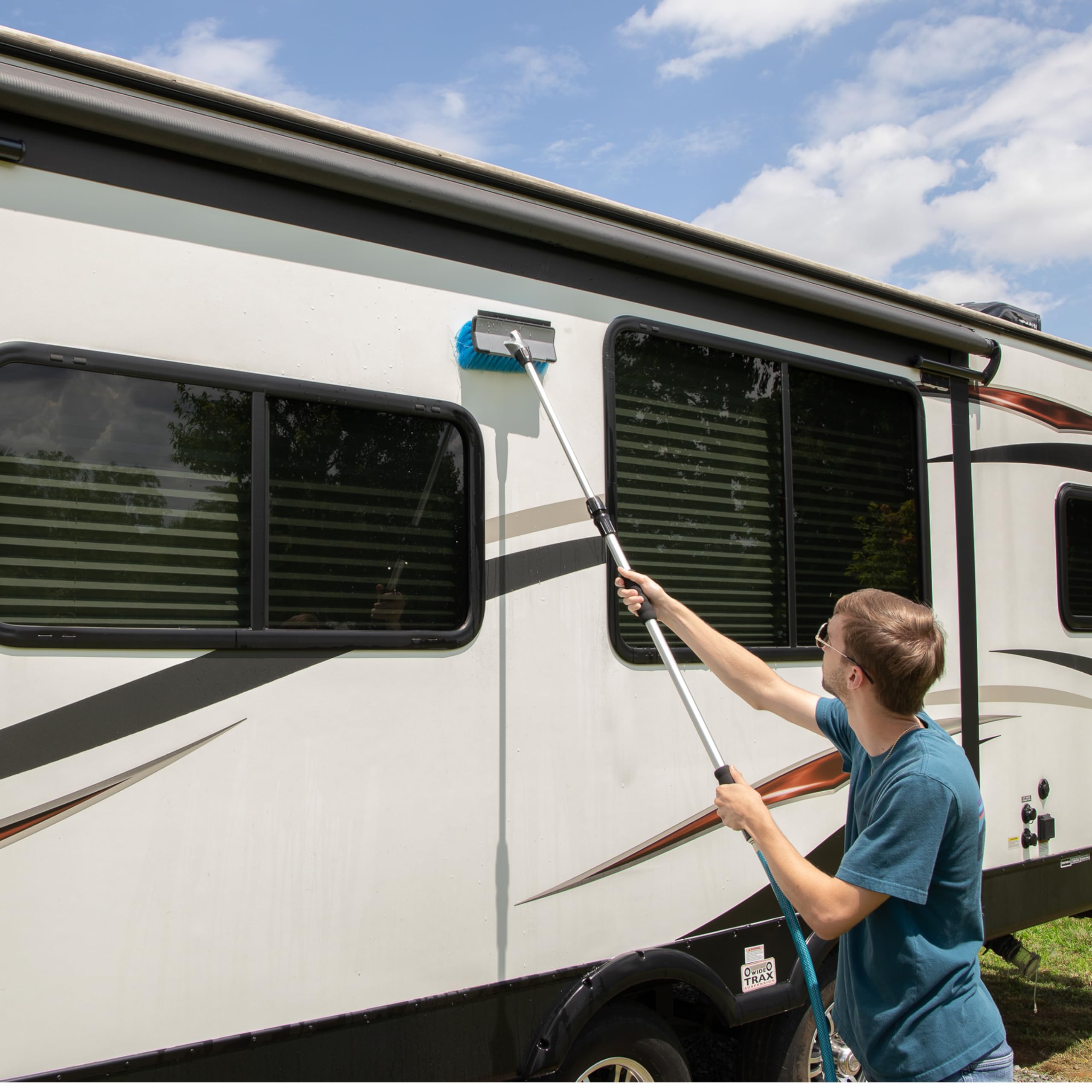 Camco Flow-Through RV Wash Brush - Features an Adjustable Handle, a Standard Garden Hose Connection, and an On/Off Button to Control Water Flow (43633)