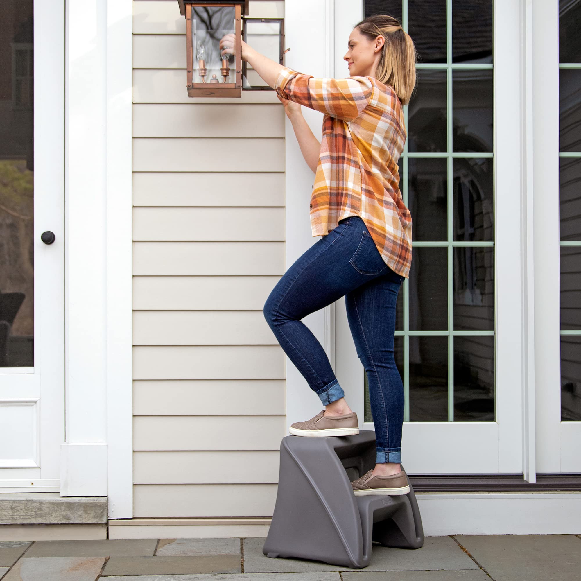 Simplay3 Two-Step Handy Home Step Stool Plastic Seat - Indoor or Outdoor Use - 15.5" x 19" x 16" - Gray, Made in USA
