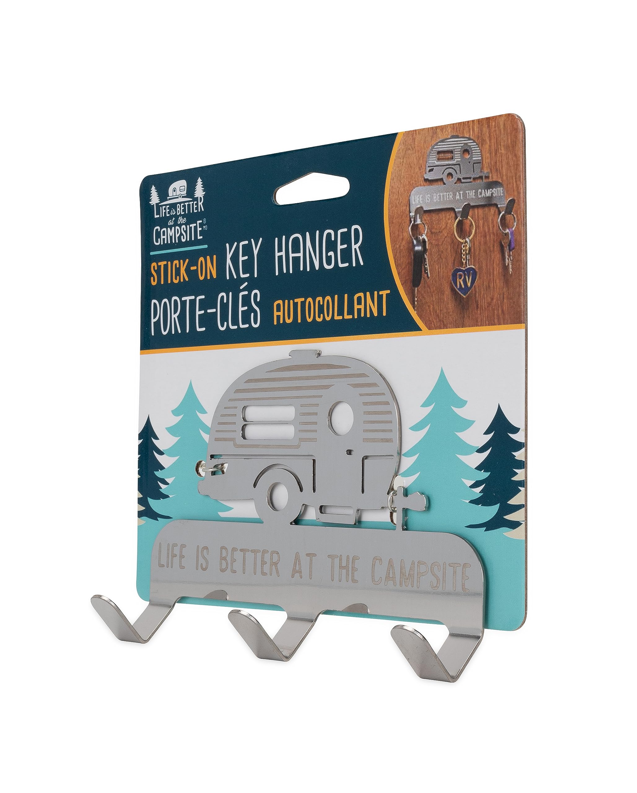 3-Hook Camco Life is Better at The Campsite Stick-On Key/Leash Hanger | Ideal for Small Spaces | Made of Durable Stainless Steel | (53368)