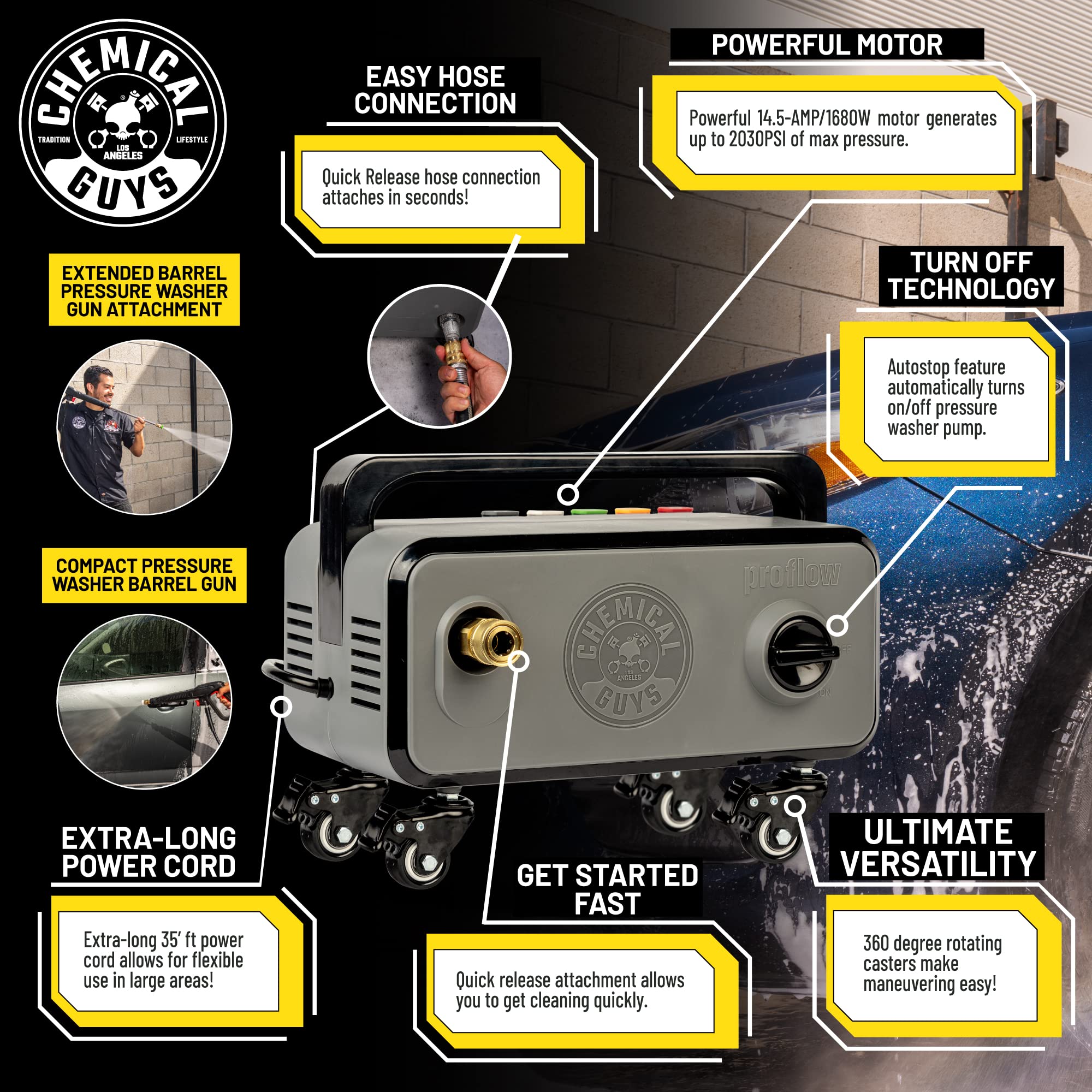 Chemical Guys ProFlow Electric Pressure Washer PM2000 – 14.5 Amp Motor, 2030 Max PSI, 1.77 GPM with 5 Quick Connect Tips, Compact Portable Pressure Washer for Cars, Patios, Driveways and Home Cleaning