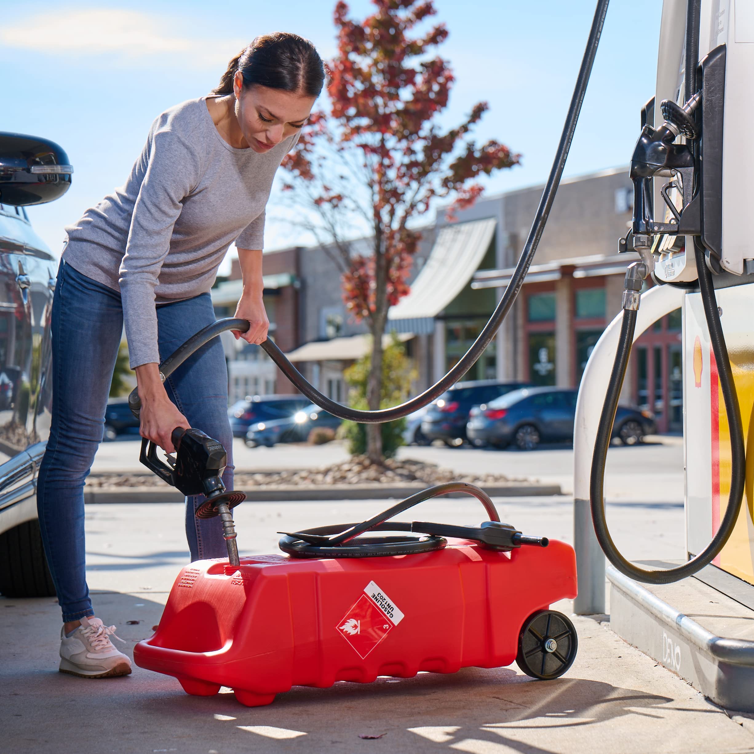 Scepter 14 Gallon Duramax Flo ’N Go Gas Caddy, 53 Liter Portable Fuel Tank and Fuel Transfer Pump with 10-Foot Hose for Lawn Mower, Farm, Marine, Commercial, and Home Use, Gasoline Only, Red