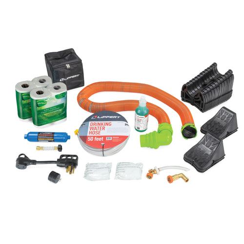 Lippert RV Starter Kit Premium with Power Adapters, Regulator, Filter, Tank Filler, Water Hose, Sewer Hose Kit, Hose Support, Tank Treatment, Toilet Paper, Chocks, Leveling Blocks - 2023000844