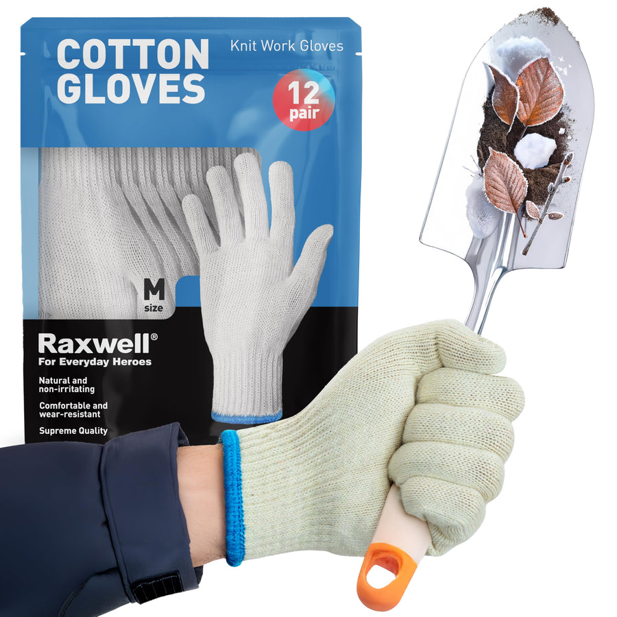 White Cotton Gloves Raxwell - Premium Knit Work Gloves, 12 pairs - Durable Liners for BBQ, Painting, Gardening, Industrial, & Mechanics, Natural Color, Size Medium
