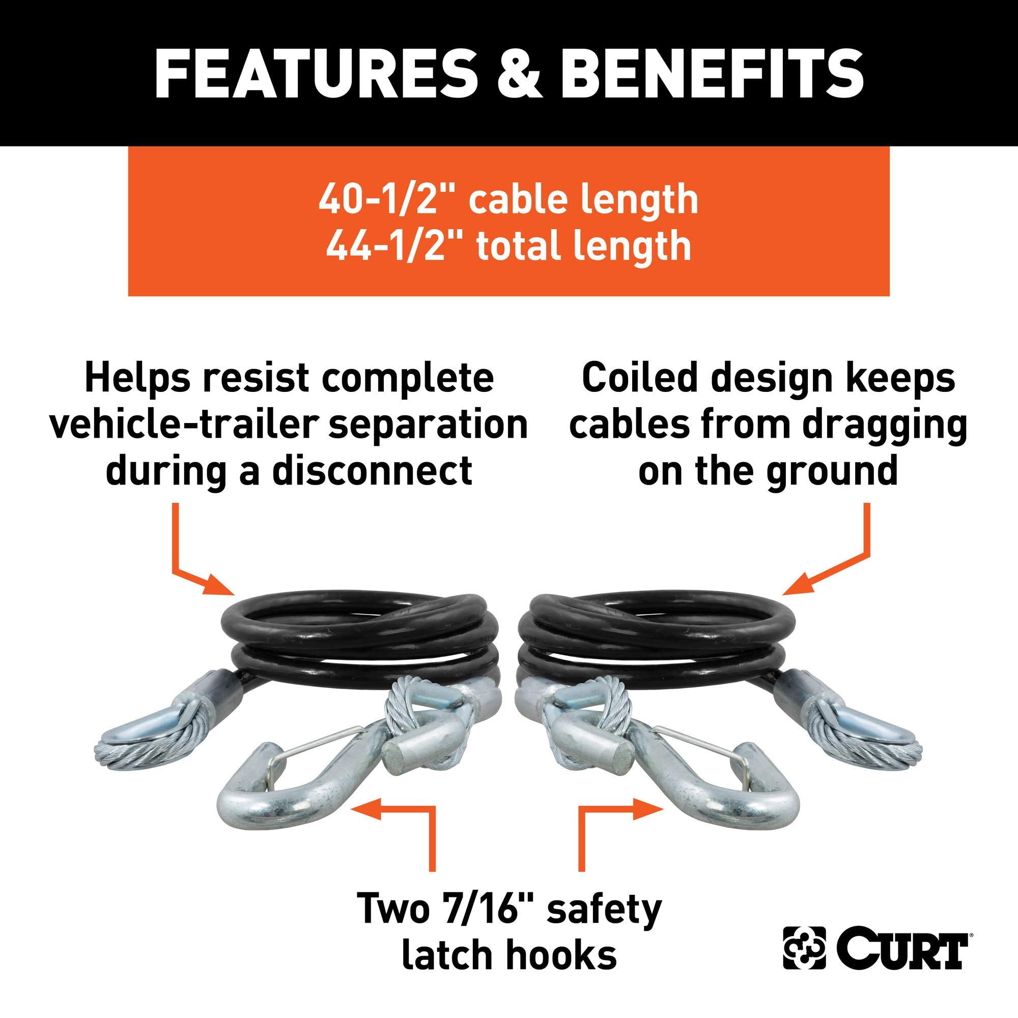 CURT 80151 Vinyl-Coated 44-1/2-Inch Trailer Safety Cables, 7/16-In Snap Hooks, 5,000 lbs Break Strength, 2-Pack