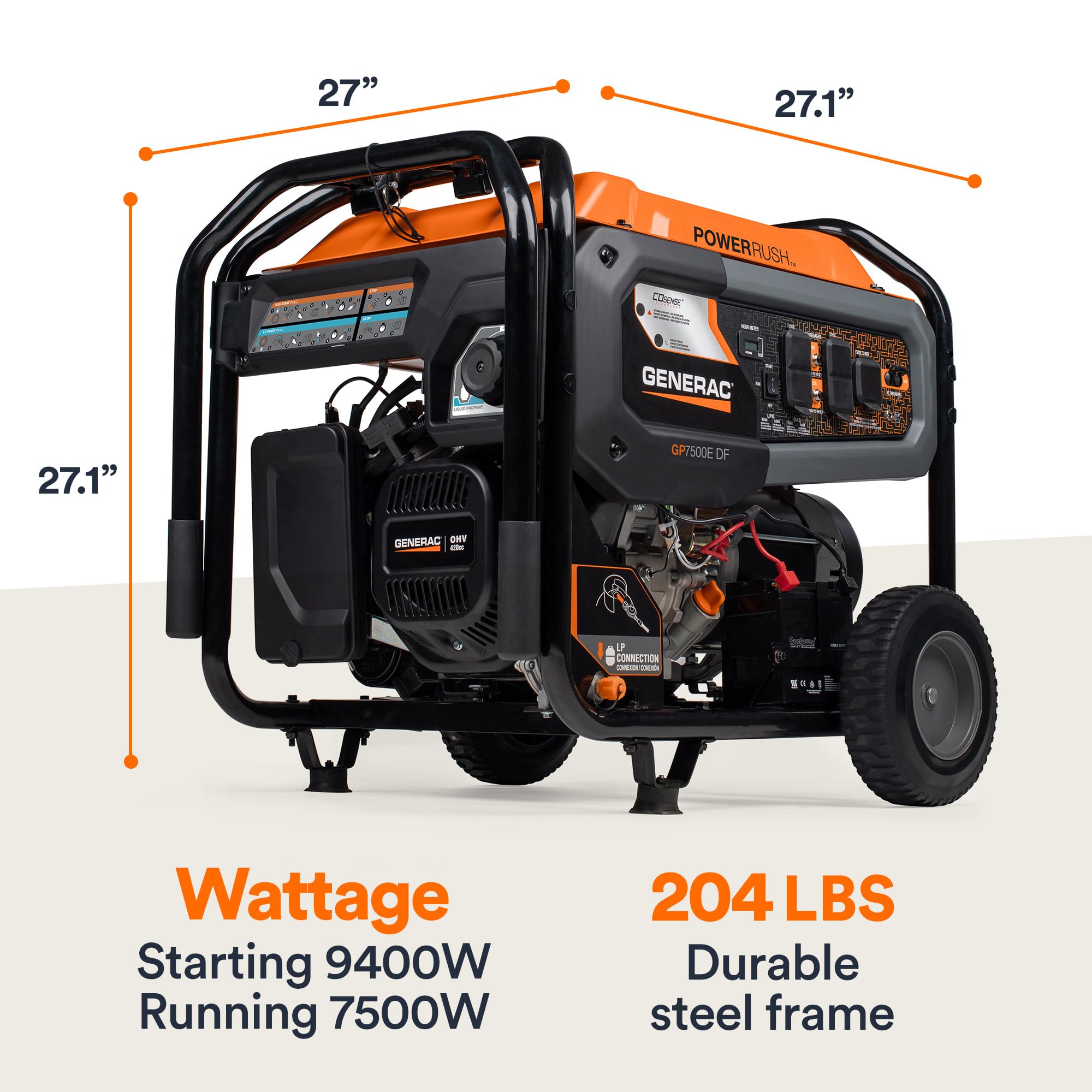Generac 8011 GP7500E Portable Generator - 7,500-Watt Dual-Fuel Compatible - Gas and Propane - COsense Technology with Electric Start - Powerrush Advanced Technology - Reliable Power Solution