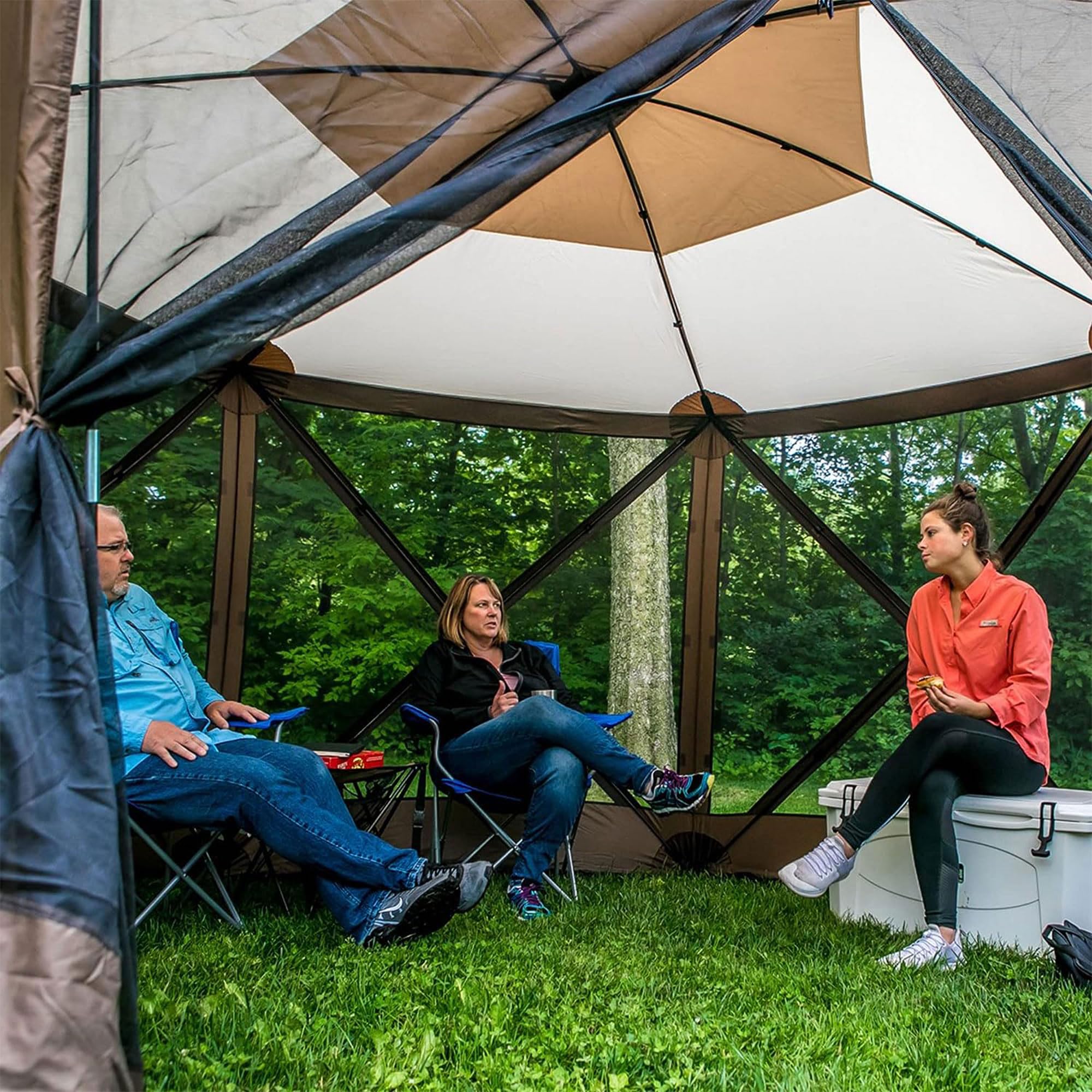Pop Up CLAM Screen Tent, Outdoor Camping Gazebo Canopy, Escape, 11.5', Brown - Heavy-Duty Portable Screened Shelter with Netting for Beach, Patio, and Backyard