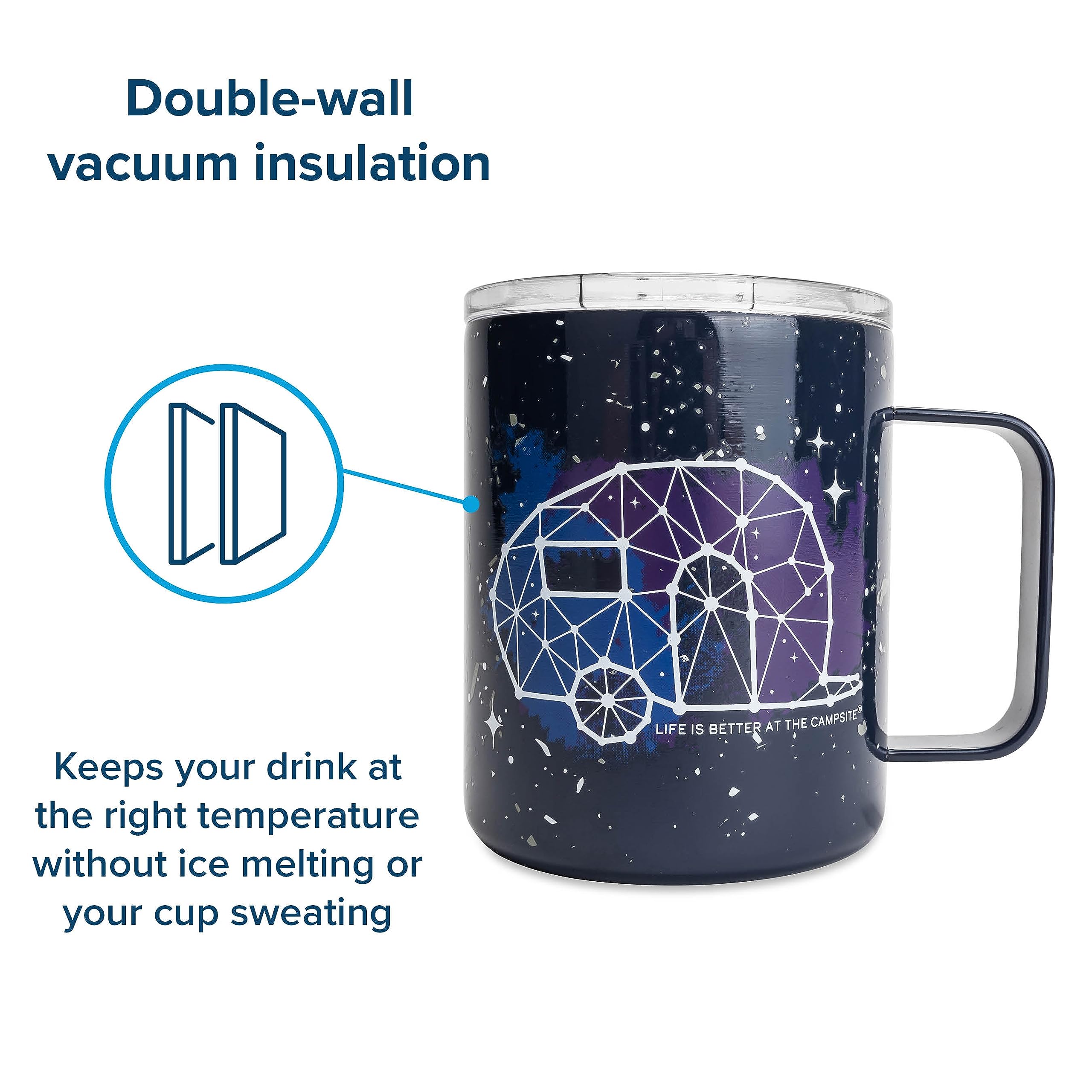 Stainless Steel Coffee Mug Camco Life is Better at The Campsite - Microwave & Dishwasher Safe - Features Double Wall Vacuum Insulation & RV Constellation Design - Holds 14oz. (53310)