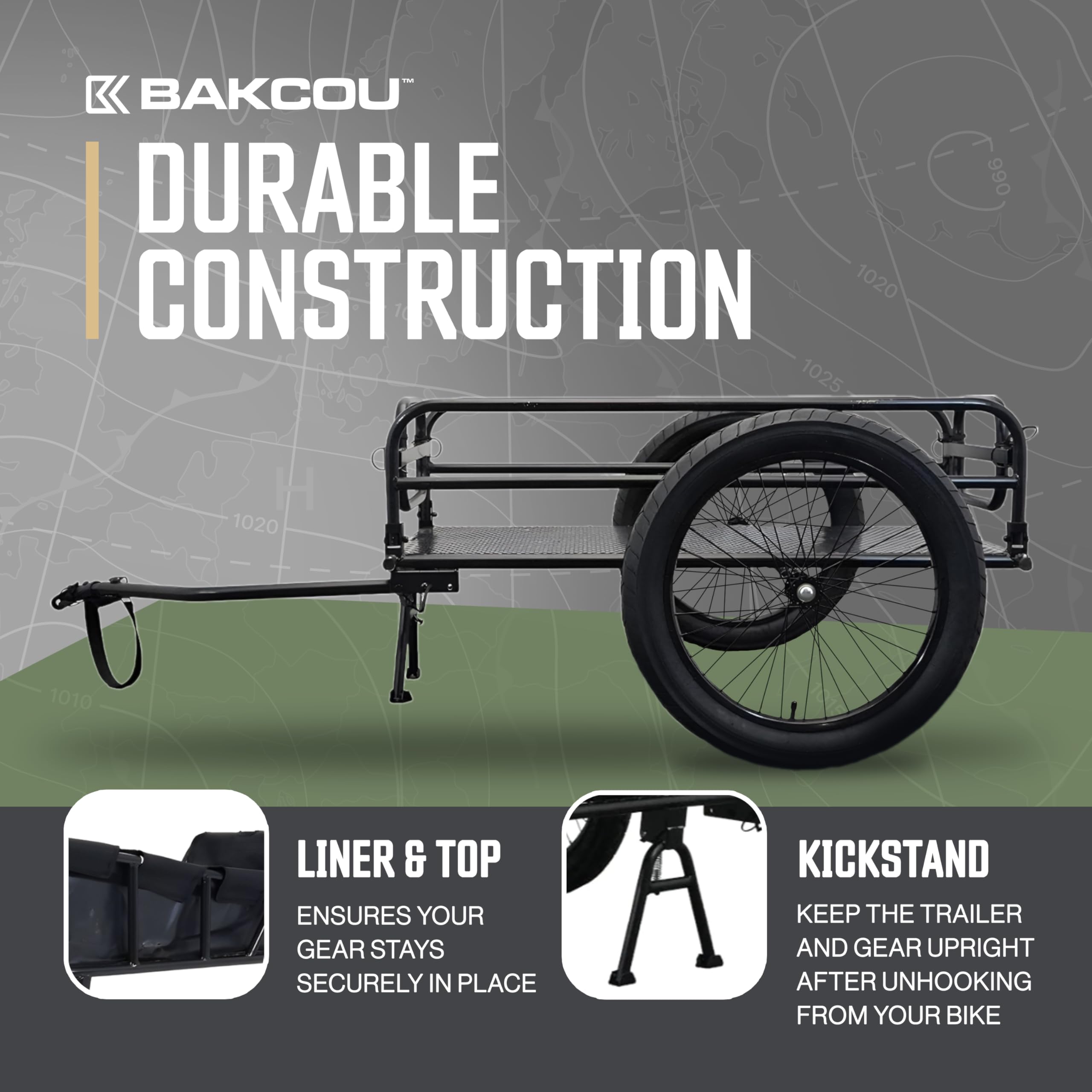 Folding Cargo eBike Trailer Bakcou - with 20" x 3" Fat Tires, Canvas Liner, Hitch, Axle Extenders & Kickstand - 150-200 lbs Capacity