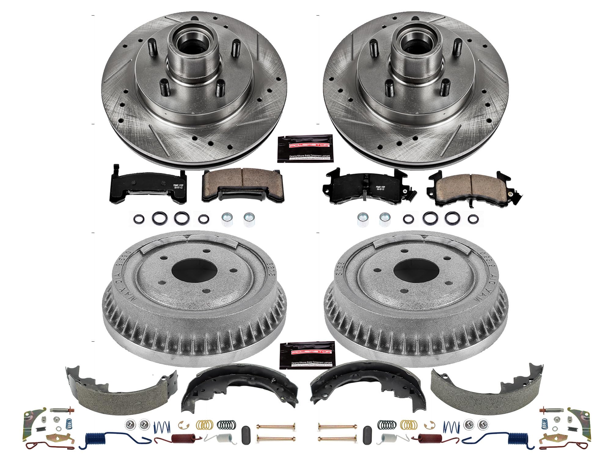 Power Stop K15043DK Z23 Carbon Fiber Brake Pads Front and Rear with Drilled & Slotted Brake Drums Kit