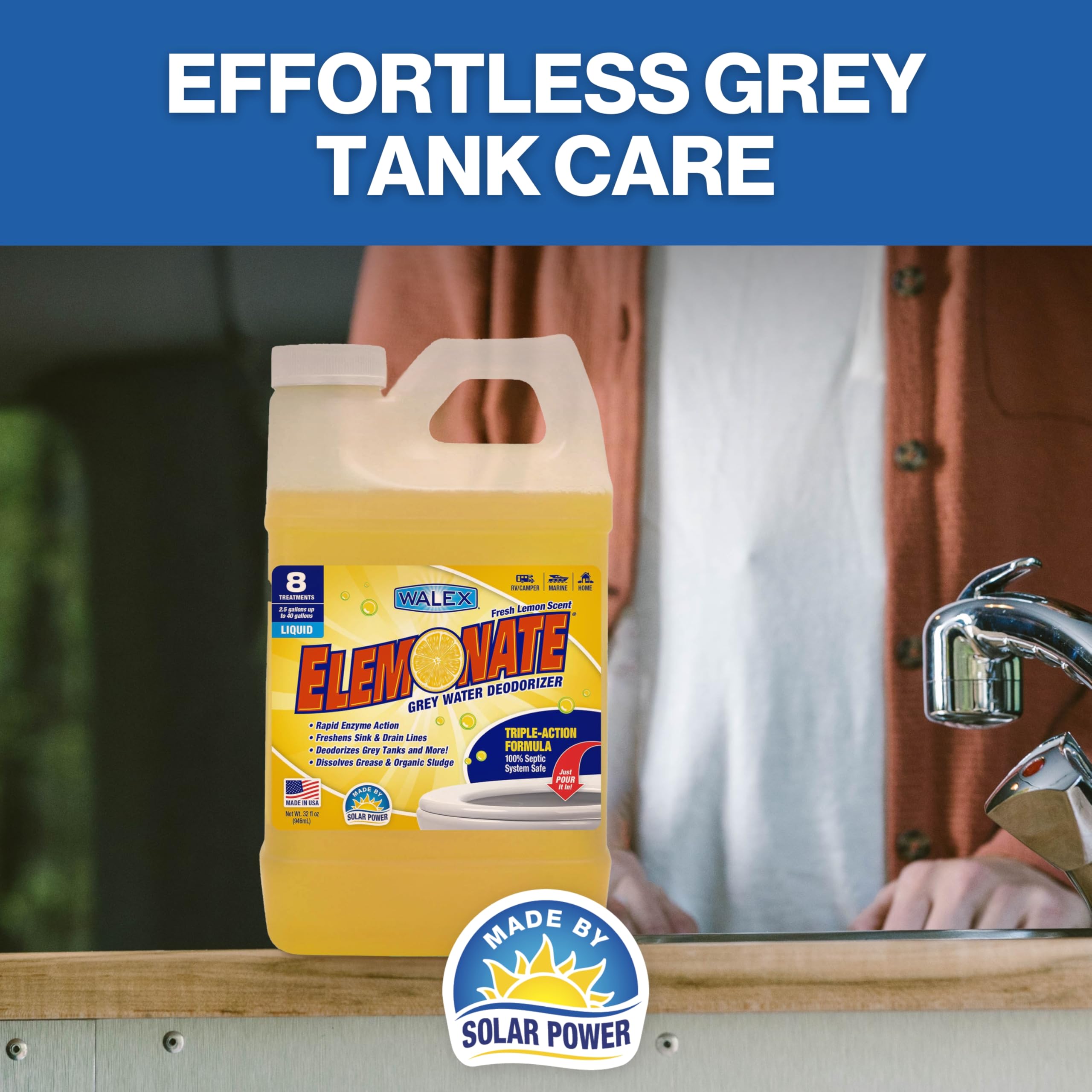 Elemonate Walex Liquid Grey Water Deodorizer for RV, Camper & Marine - Dissolves Grease & Organic Sludge to Prevent Clogs, Freshens Sink & Drain Lines, Septic Tank Safe, Fresh Lemon, 32oz