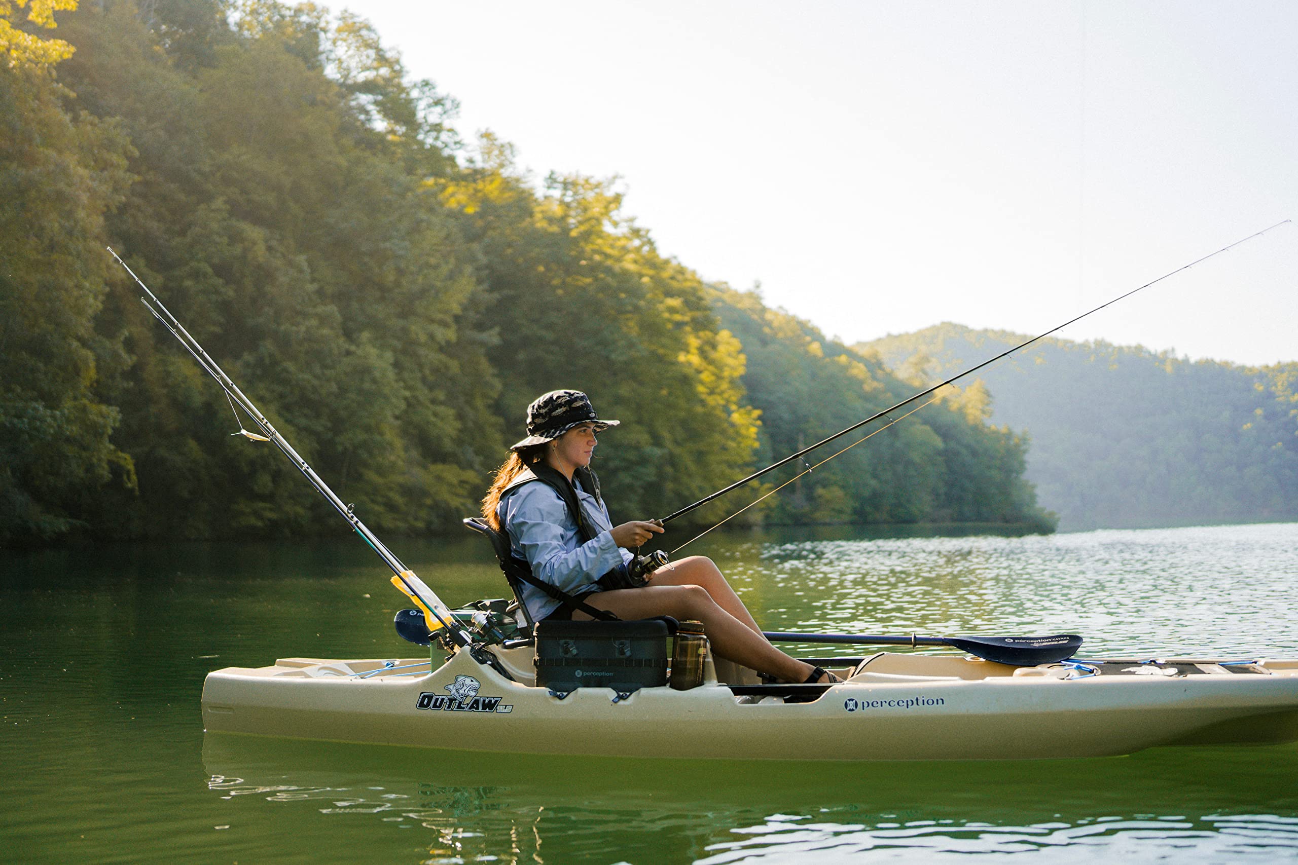 Outlaw 11.5 Perception Kayaks - Sit on Top Fishing Kayak - Fold Away Lawn Chair Seat - 4 Rod Holders - Integrated Tackle Trays - 11.5 ft - Moss Camo